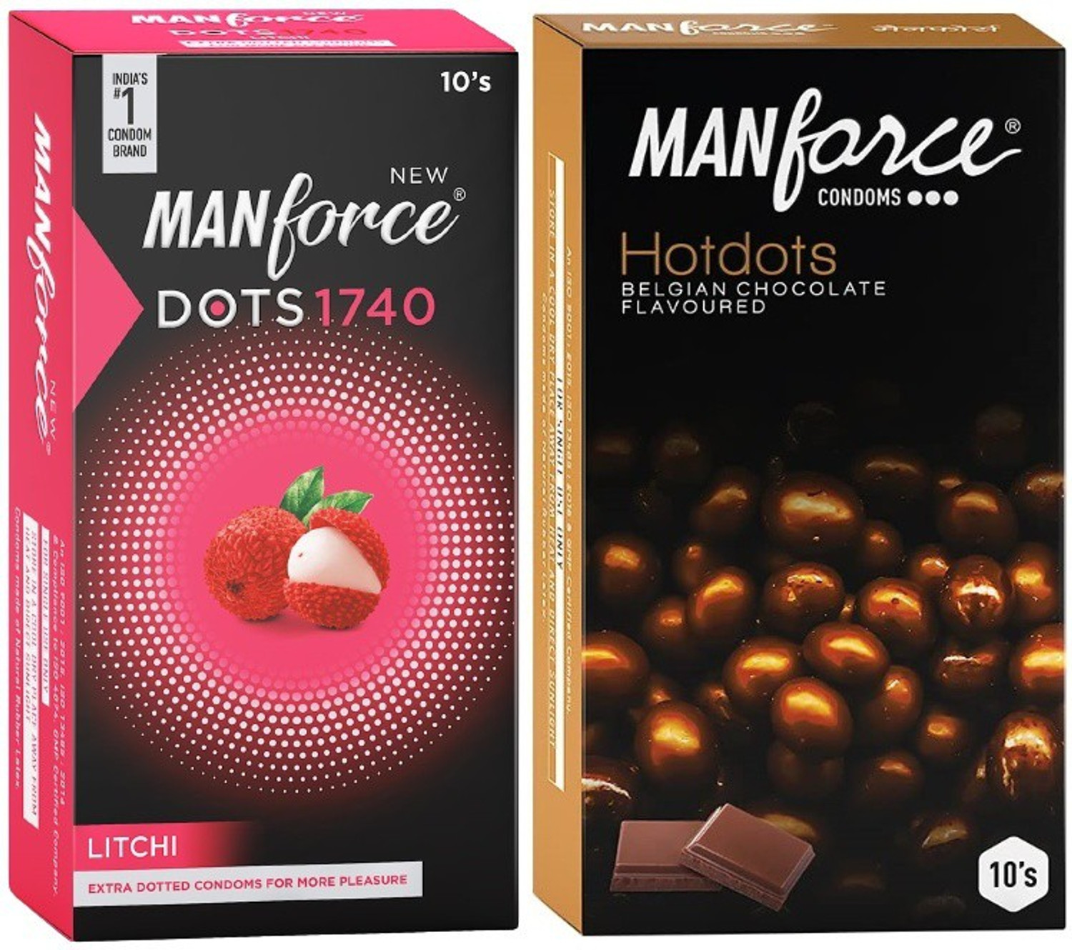 Image of MANFORCE Extra Dotted Litchi Flavoured Condoms - 10 Pieces & Premium Hotdots Belgian Chocolate Condoms with Bigger Dots - 10 Pieces Condom (Set of 2, 20 Sheets)