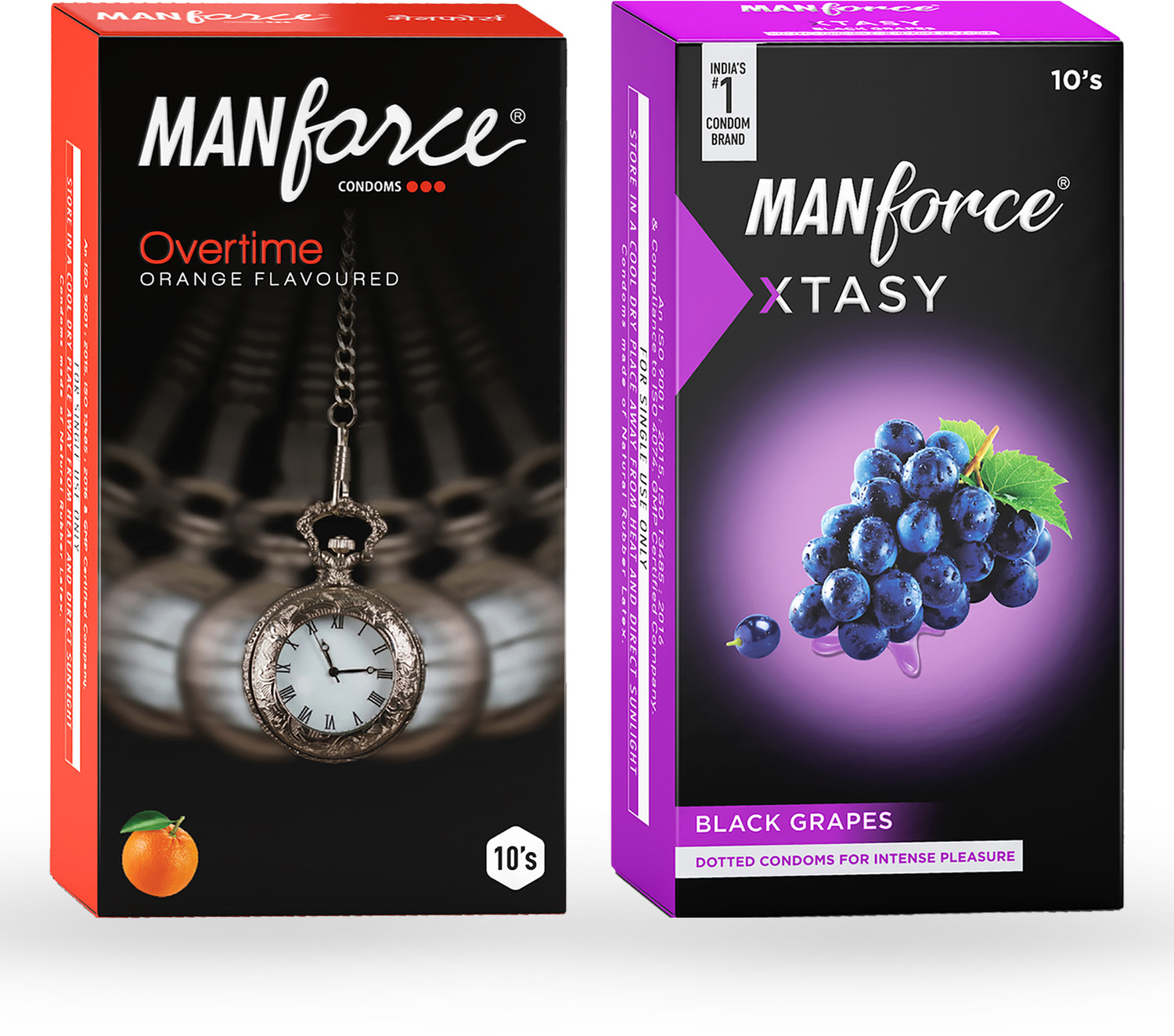 Image of MANFORCE 3 in 1 (Ribbed, Contour, Dotted) Wild Black Grapes Flavoured Condoms- 10 Pieces & 3 in 1 Condoms (Ribbed, Contour, Dotted), Overtime Orange Flavoured- 10 Pieces Condom (Set of 2, 20 Sheets)