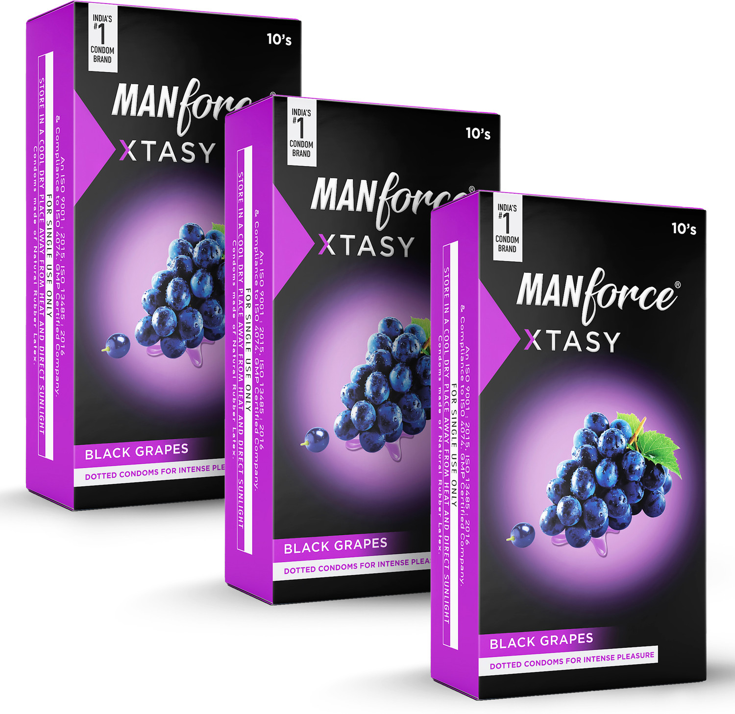 Image of MANFORCE 3 in 1 (Ribbed, Contour, Dotted) Wild Black Grapes Flavoured Condoms- 10 Pieces x Pack of 3 Condom (Set of 3, 30 Sheets)