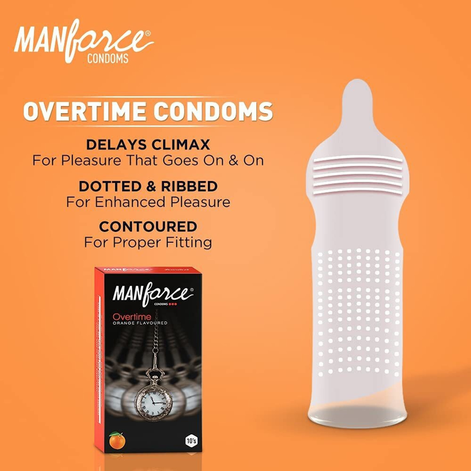 Image of MANFORCE Ignite Apple-peach Flavoured Extra Dotted Box Condoms - 10 Pieces & 3 in 1 Condoms (Ribbed, Contour, Dotted), Overtime Orange Flavoured- 10 Pieces Condom (Set of 2, 20 Sheets)
