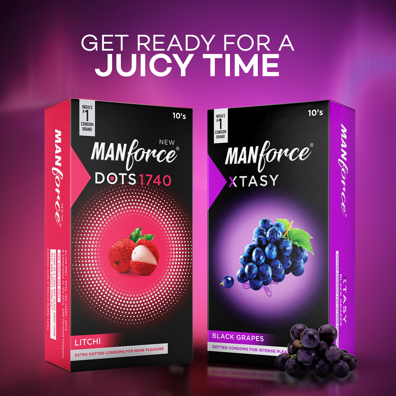 Image of MANFORCE 3 in 1 (Ribbed, Contour, Dotted) Wild Black Grapes Flavoured Condoms- 10 Pieces & Extra Dotted Litchi Flavoured Condoms - 10 Pieces Condom (Set of 2, 20 Sheets)