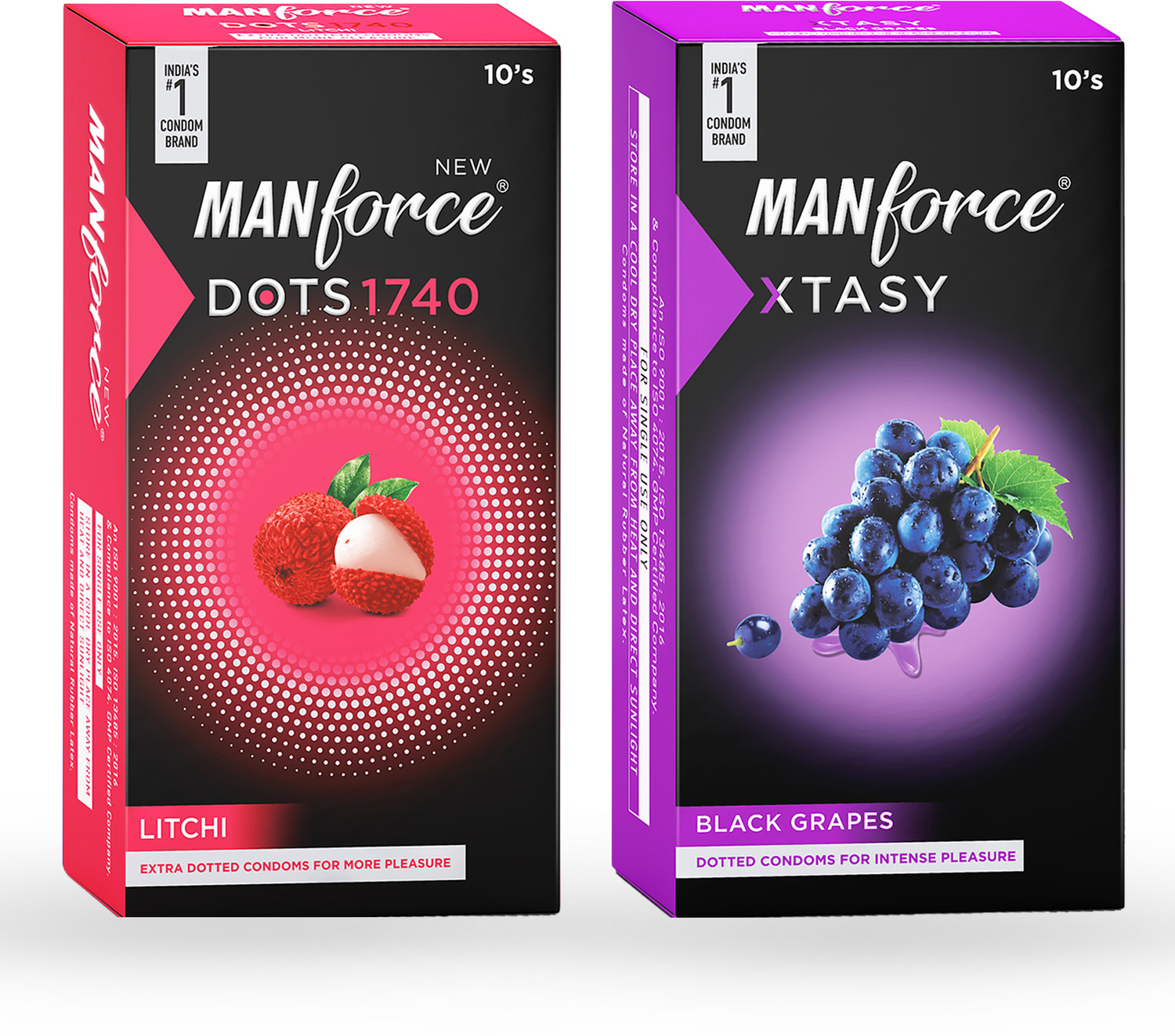Image of MANFORCE 3 in 1 (Ribbed, Contour, Dotted) Wild Black Grapes Flavoured Condoms- 10 Pieces & Extra Dotted Litchi Flavoured Condoms - 10 Pieces Condom (Set of 2, 20 Sheets)