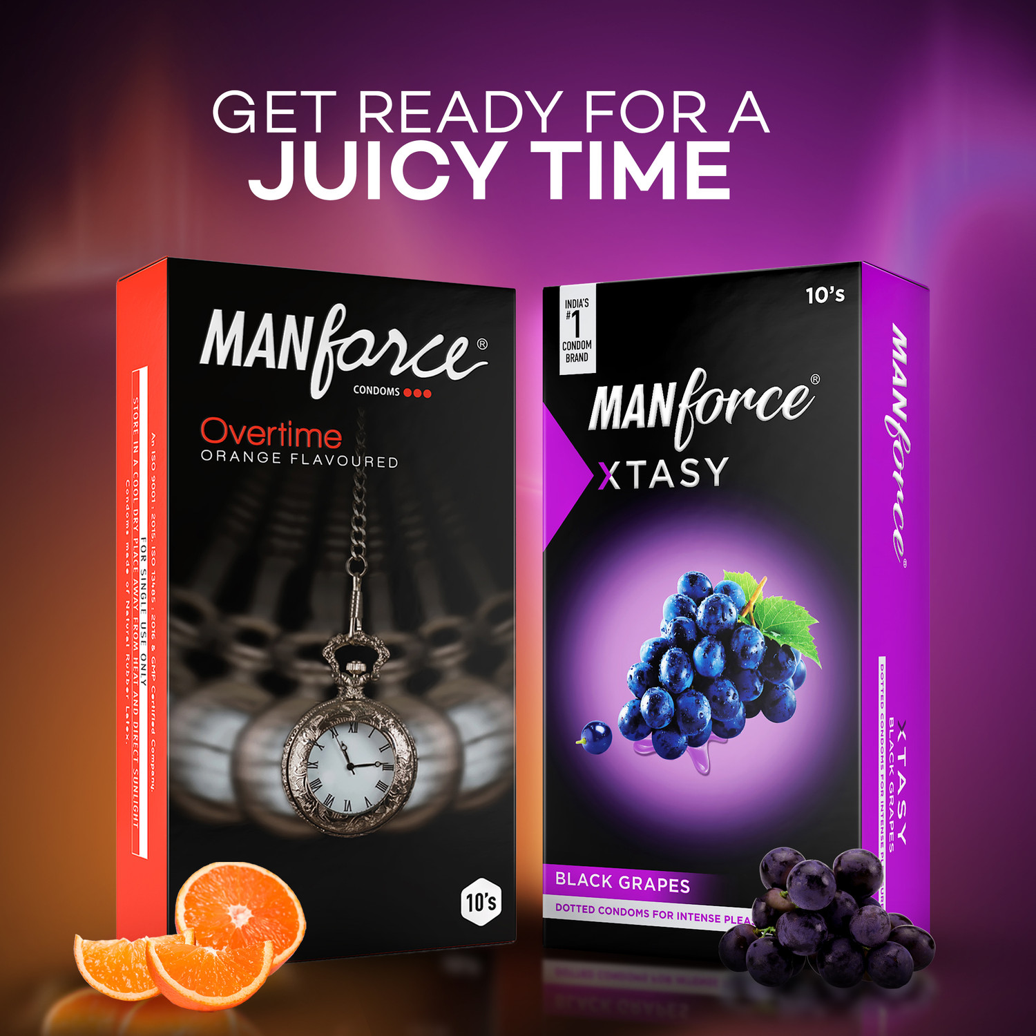 Image of MANFORCE 3 in 1 (Ribbed, Contour, Dotted) Wild Black Grapes Flavoured Condoms- 10 Pieces & 3 in 1 Condoms (Ribbed, Contour, Dotted), Overtime Orange Flavoured- 10 Pieces Condom (Set of 2, 20 Sheets)
