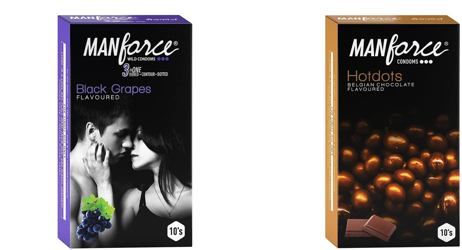 Image of MANFORCE 3 in 1 (Ribbed, Contour, Dotted) Wild Black Grapes Flavoured Condoms- 10 Pieces & Premium Hotdots Belgian Chocolate Condoms with Bigger Dots - 10 Pieces Condom (Set of 2, 20 Sheets)