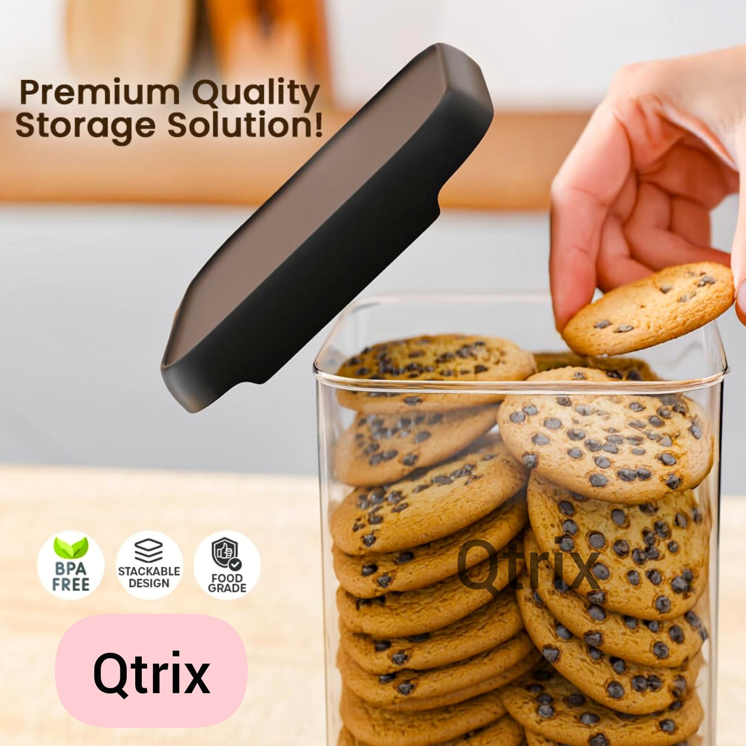 Image of Qtrix Plastic Grocery Container - 1100 ml (Pack of 3, Black)