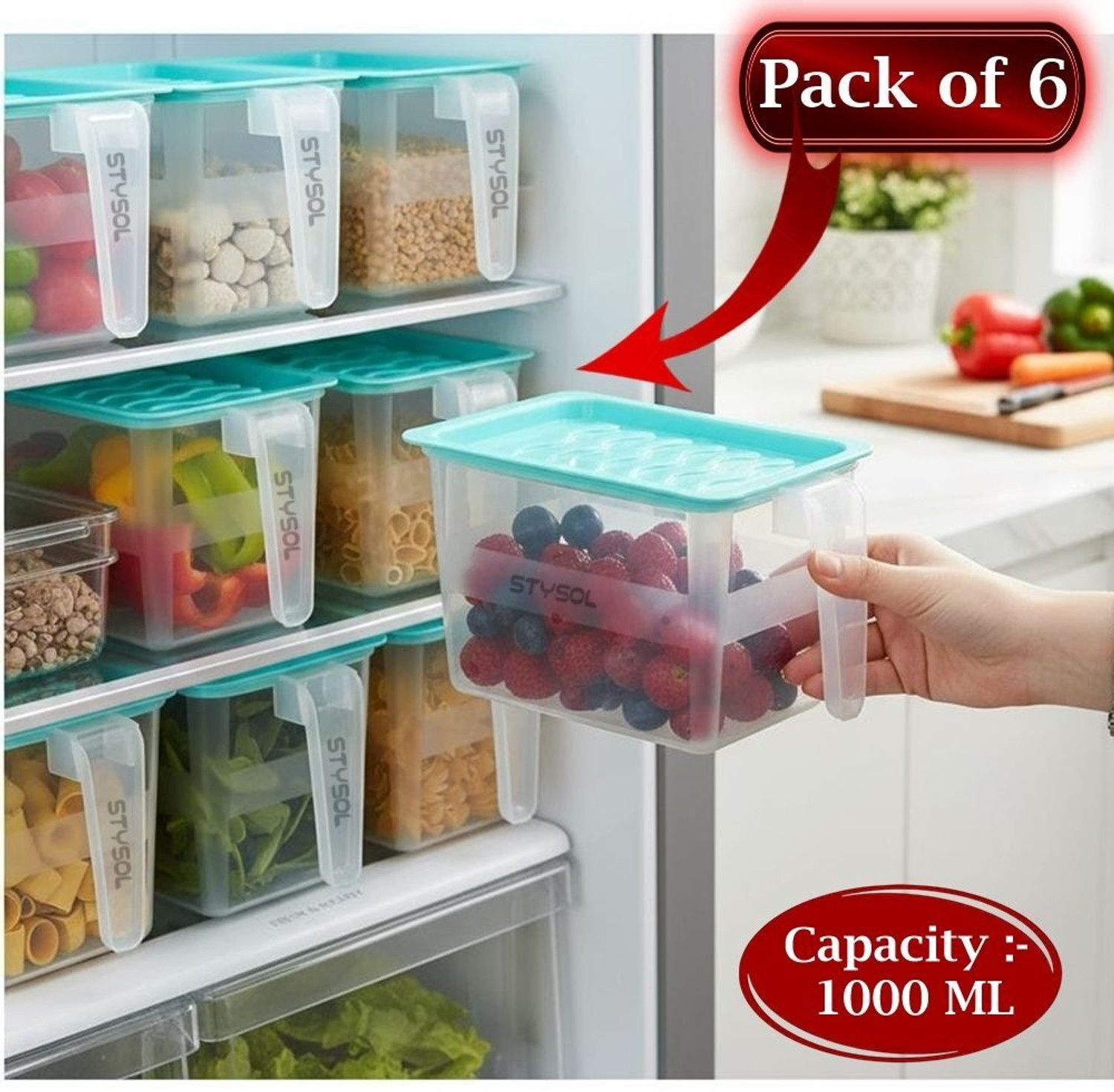 Image of 2Mech Plastic Fridge Container - 1100 ml (Pack of 6, Clear)