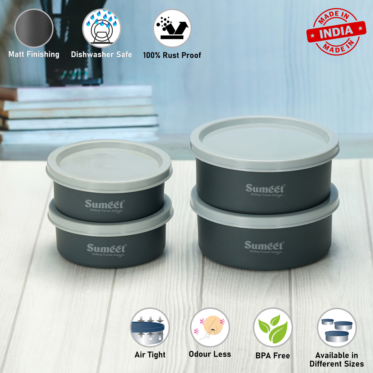 Image of Sumeet Stainless Steel Utility Container - 240 ml, 420 ml (Pack of 4, Grey)