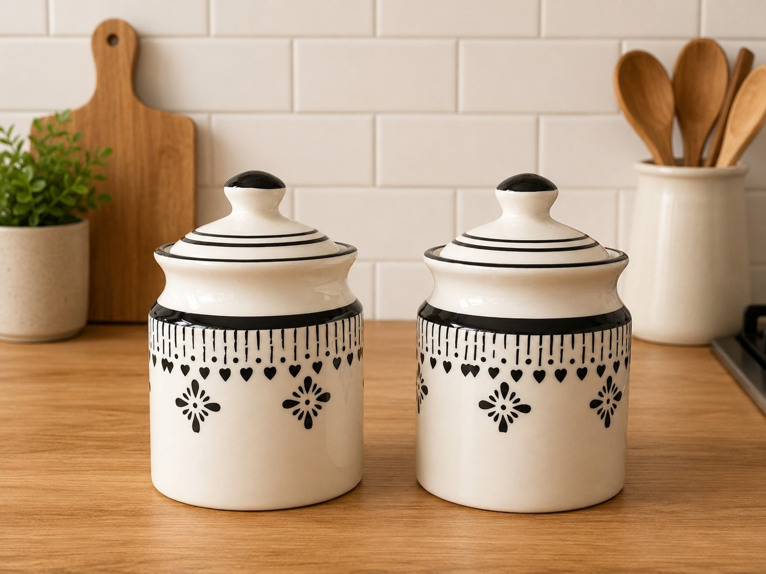 Image of Utkarsh enterprises Ceramic Pickle Jar - 500 ml (Pack of 2, Multicolor, Black, White)