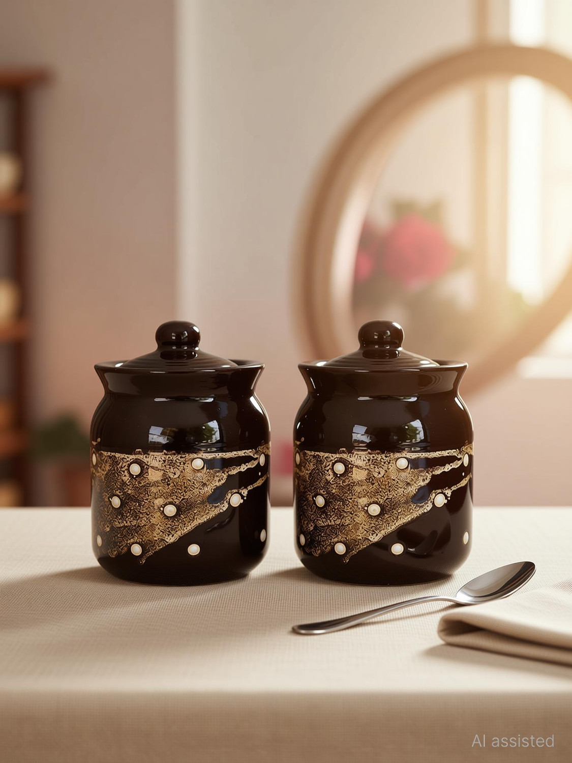Image of Utkarsh enterprises Ceramic Pickle Jar - 500 ml (Pack of 2, Multicolor, Black, White)