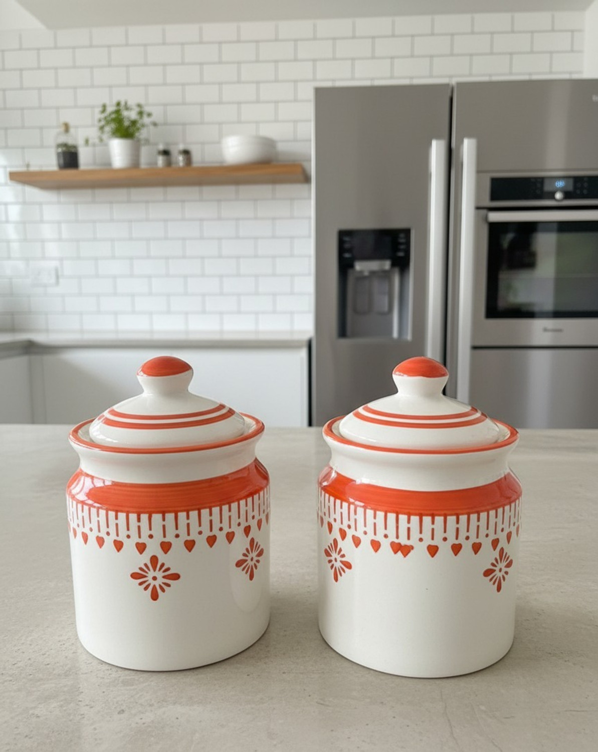 Image of Utkarsh enterprises Ceramic Pickle Jar - 500 ml (Pack of 2, Multicolor, Black, White)