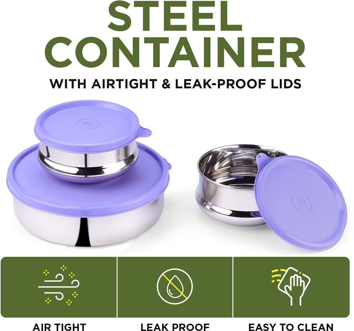 Image of Oliveware Steel Utility Container - 1900 ml (Pack of 3, Violet)