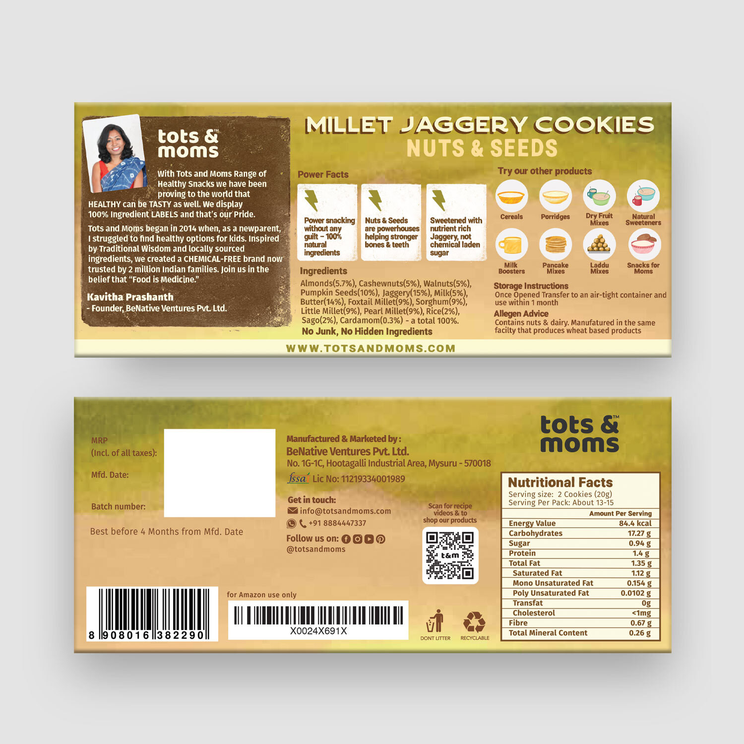 Image of TOTS AND MOMS Healthy & Nutritional Millet & Jaggery Cookies pack of 2 |Nuts & Seeds| Sweet & Savory| 150 gm each Multi Grain Biscuit (2 x 150 g)