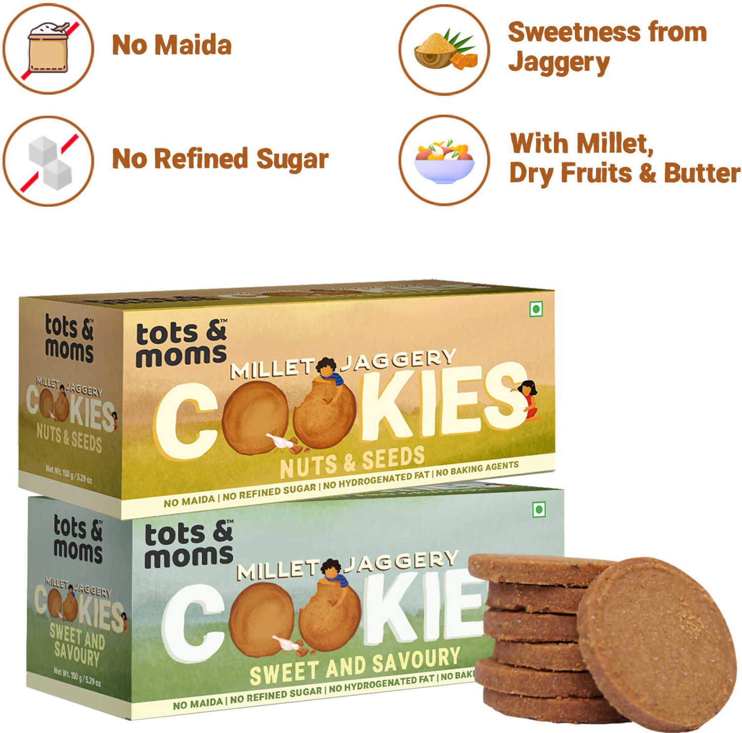 Image of TOTS AND MOMS Healthy & Nutritional Millet & Jaggery Cookies pack of 2 |Nuts & Seeds| Sweet & Savory| 150 gm each Multi Grain Biscuit (2 x 150 g)