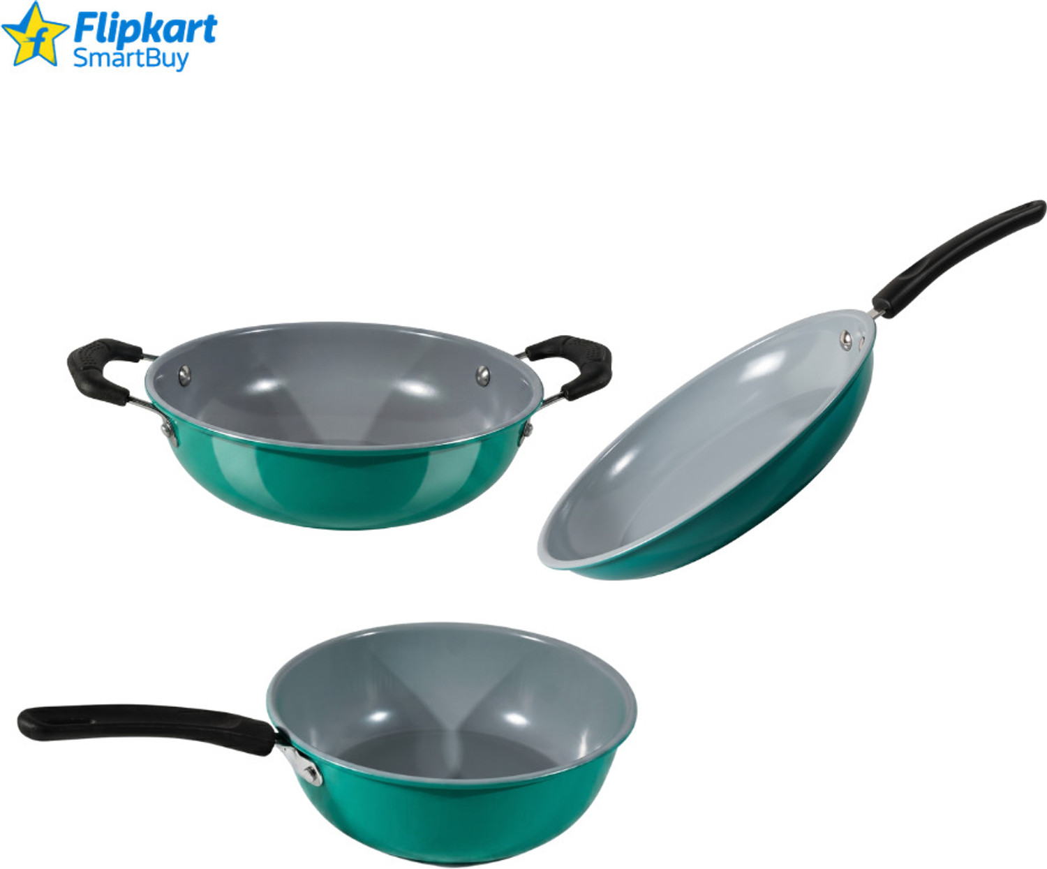 Image of Rk Premium Mini Kadai, Saucepan & Fry Pan PFOA-Free & Stay-Cool Induction Friendly Non-Stick Coated Cookware Set (Iron, 3 - Piece)