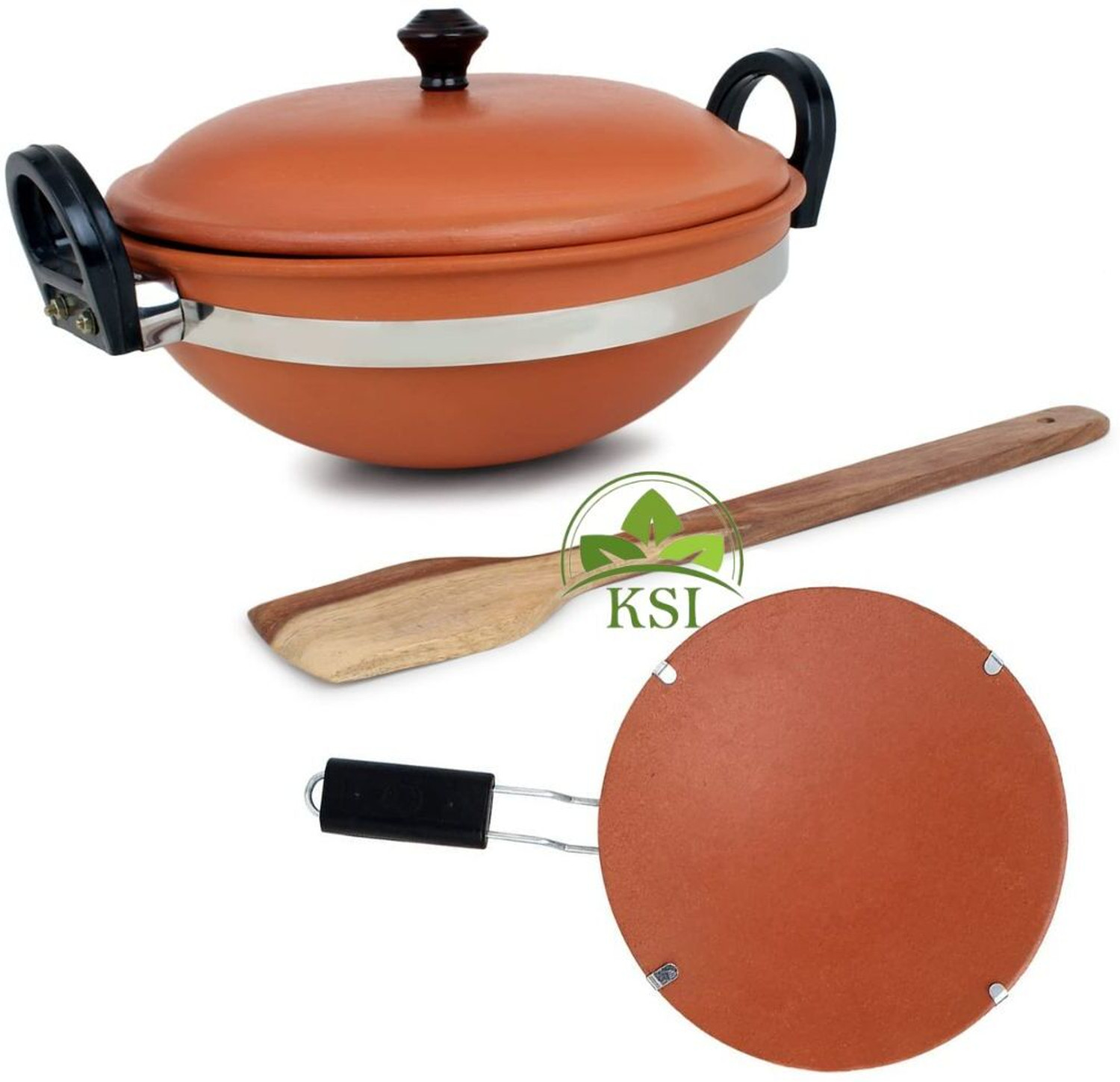 KSI Earthenware Combo Set of Kadhai, Tawa & Wooden Spatula Cookware Set Price in India – Buy KSI Earthenware Combo Set of Kadhai, Tawa & Wooden…