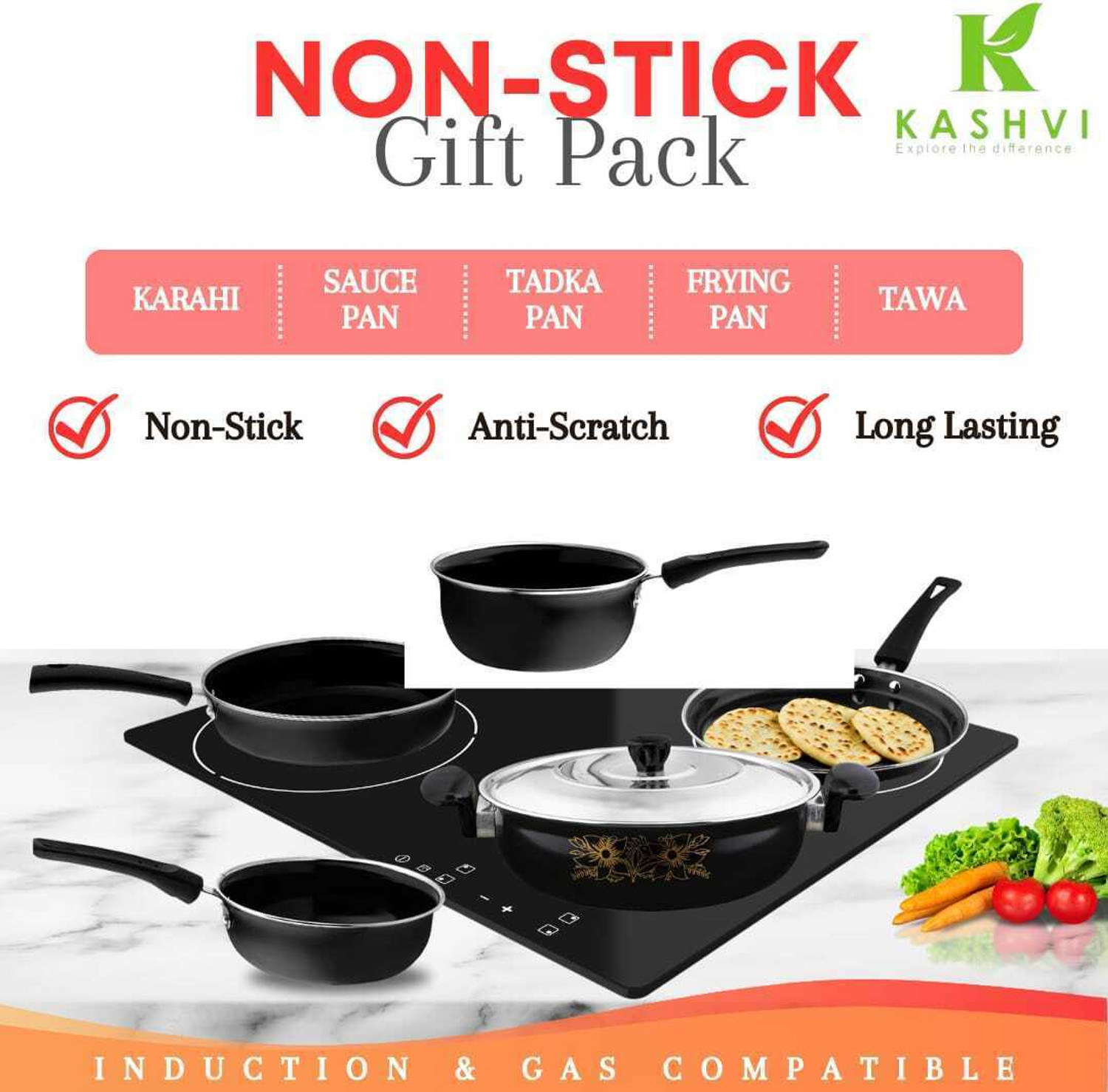 Image of HouseOfCommon us Induction Bottom Non-Stick Coated Cookware Set (Cast Iron, 6 - Piece)
