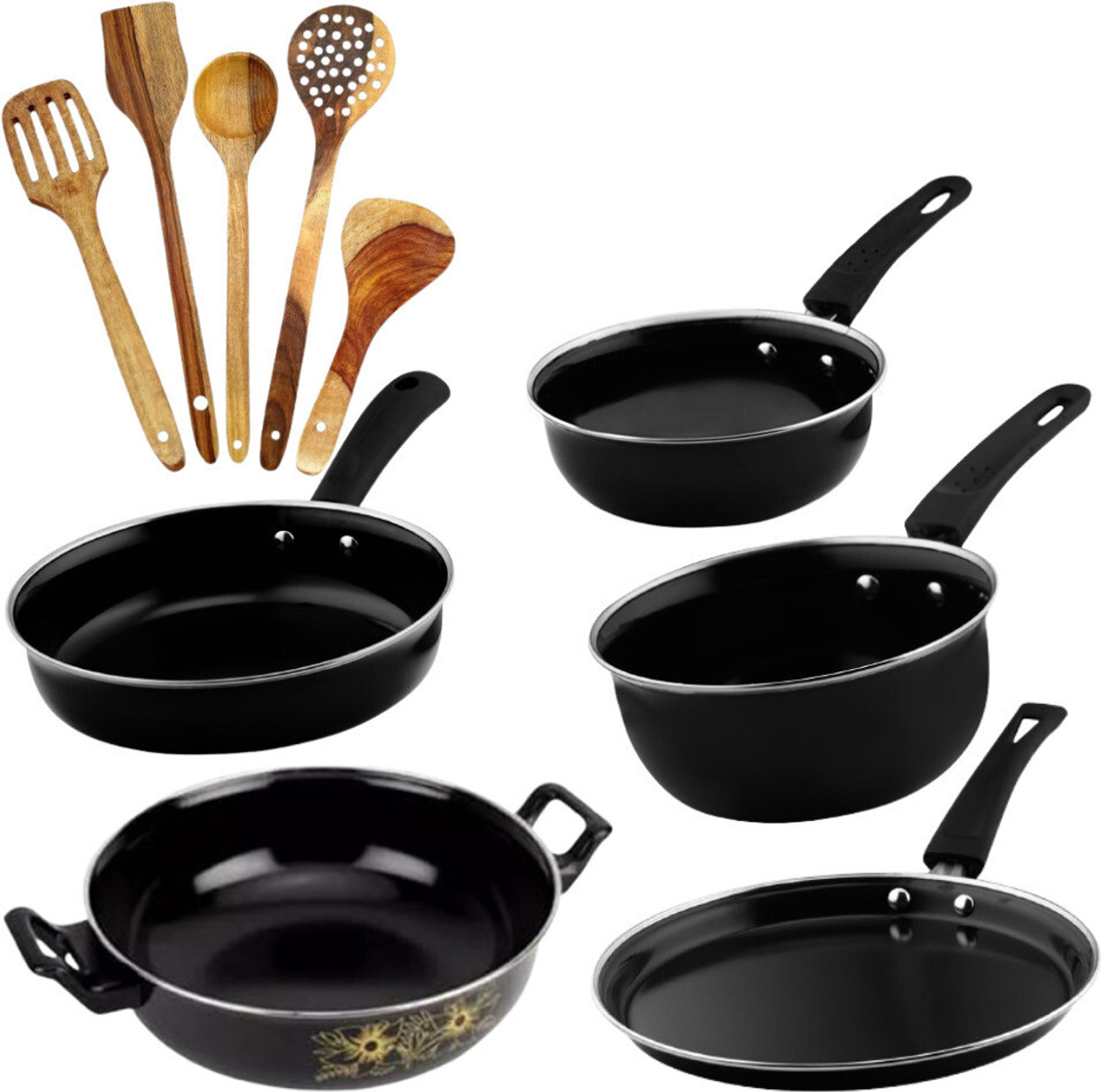 Image of Flipkart SmartBuy 3-Piece Granite Pattern Non-Stick Set with Stainless Steel Lids Induction Bottom Non-Stick Coated Cookware Set (Aluminium, 5 - Piece)