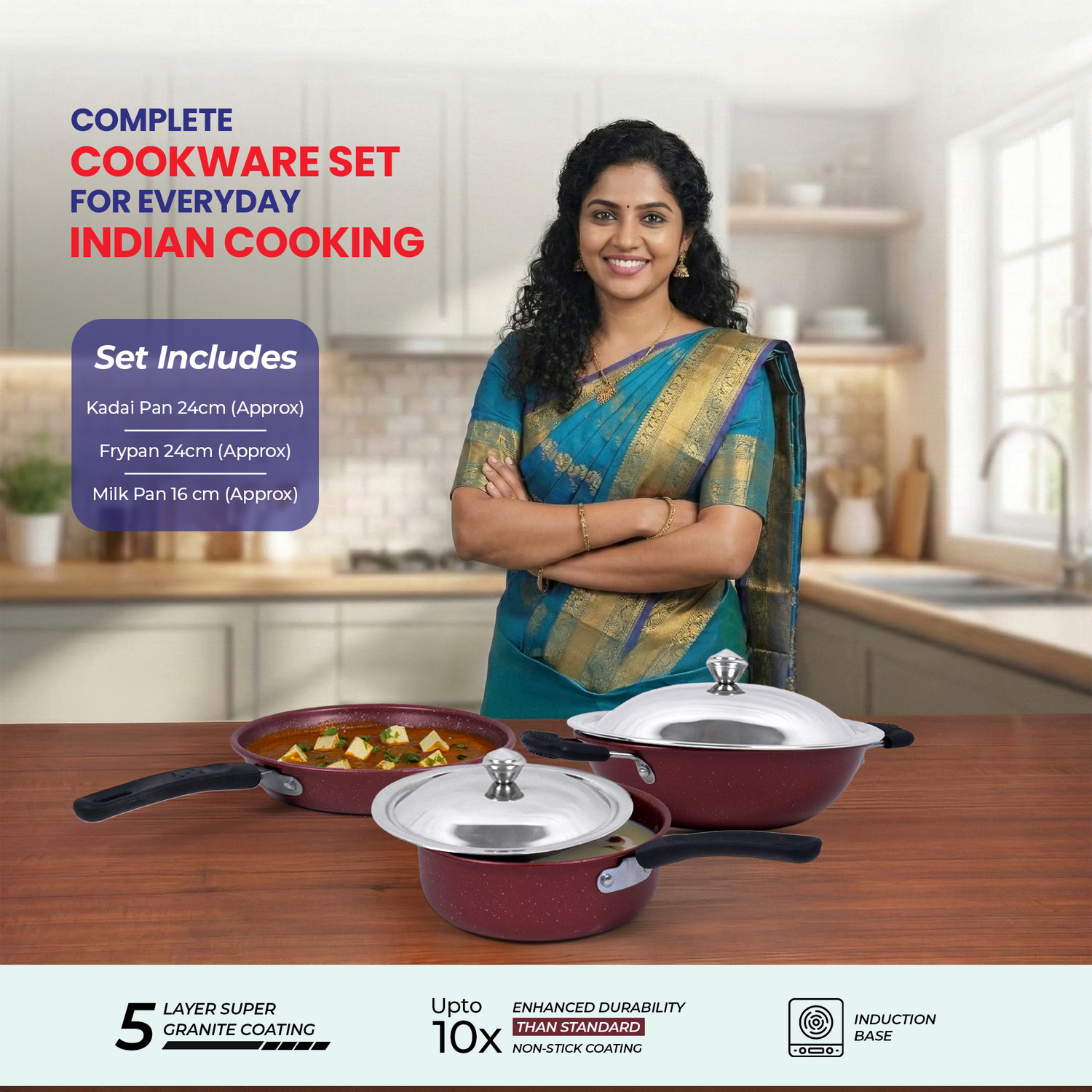 Image of Flipkart SmartBuy 3-Piece Granite Pattern Non-Stick Set with Stainless Steel Lids Induction Bottom Non-Stick Coated Cookware Set (Aluminium, 5 - Piece)