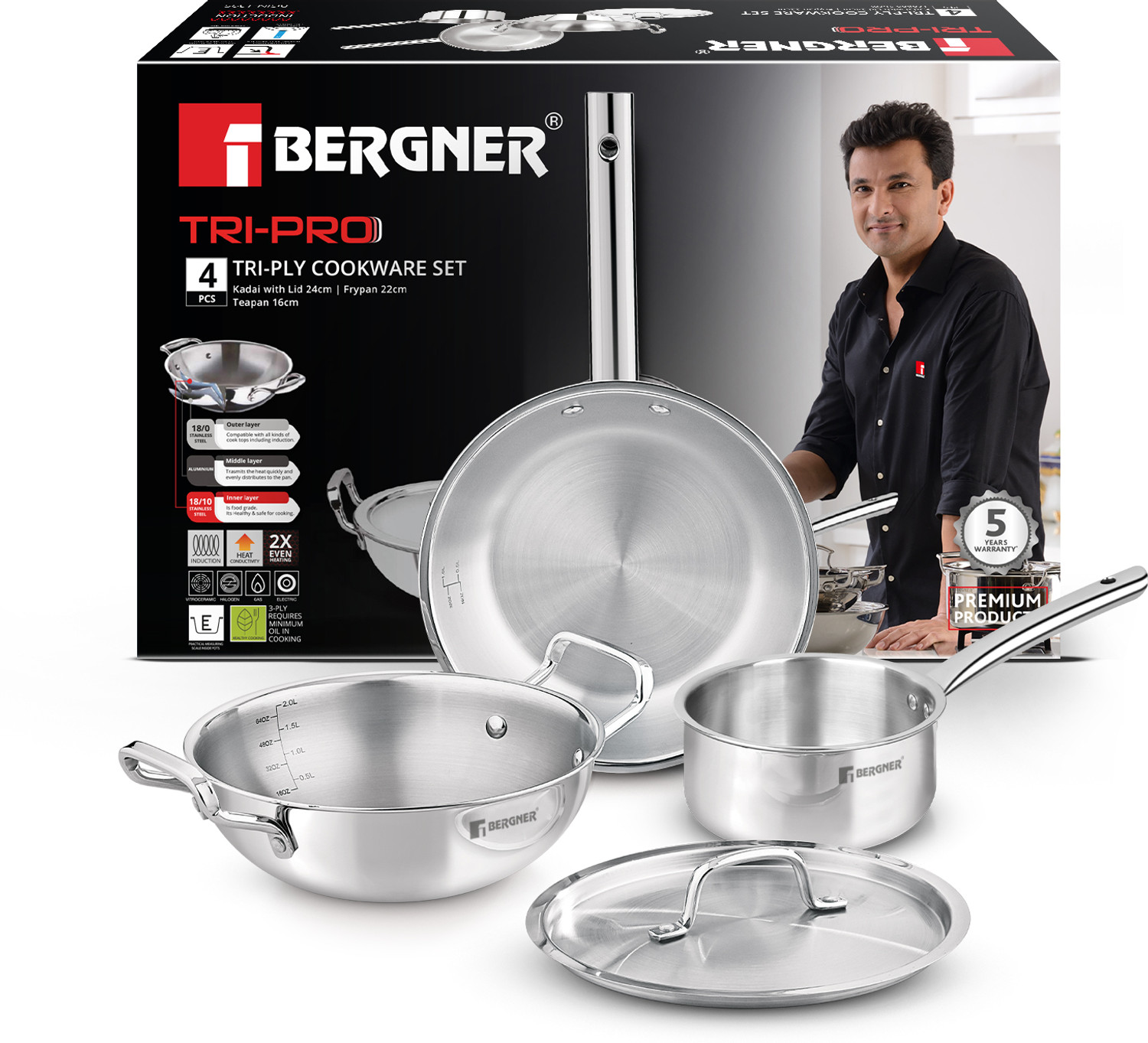 Image of Bergner Tripro Induction Bottom Cookware Set (Triply, 5 - Piece)