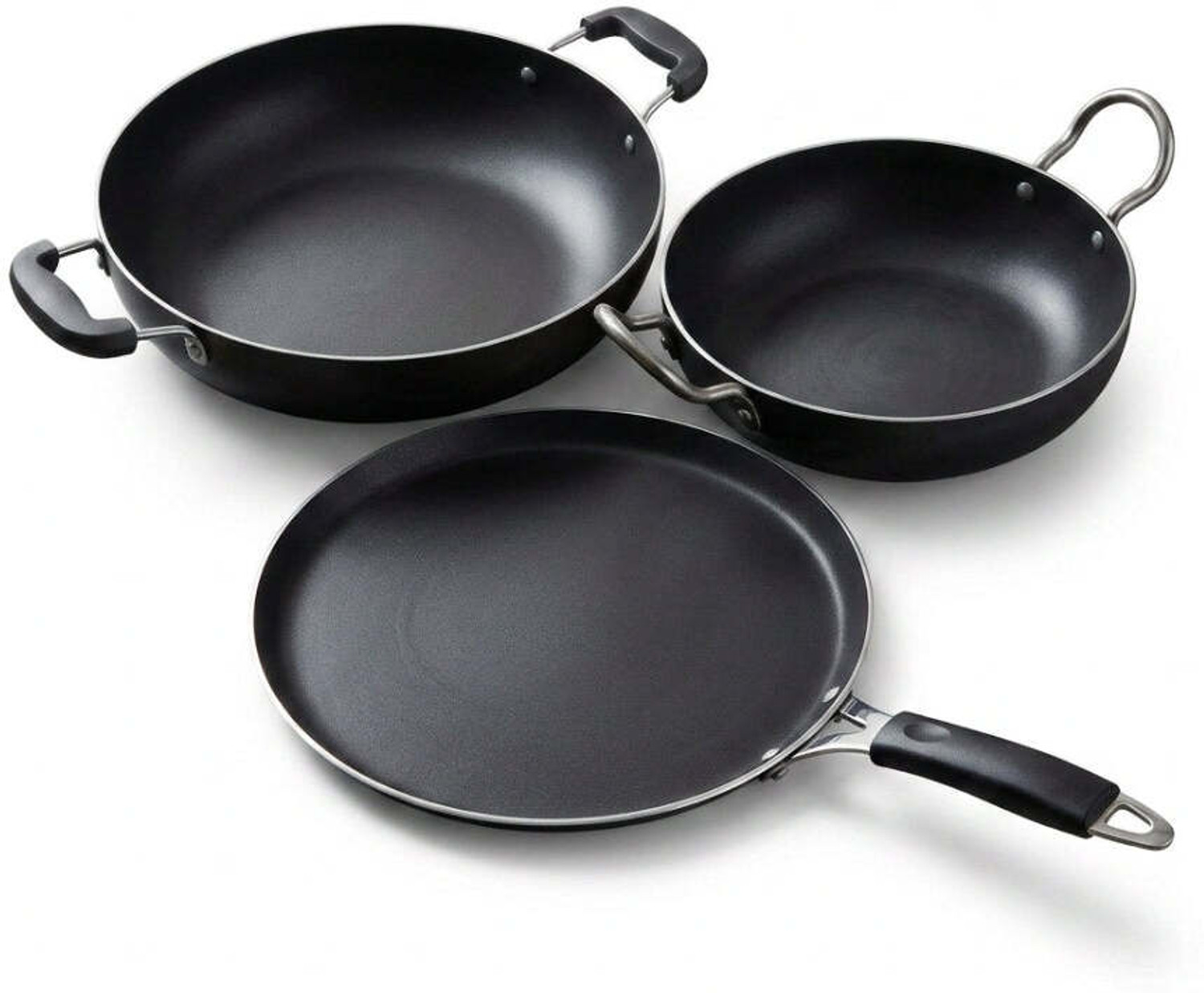 Image of Rk Premium Mini Kadai, Saucepan & Fry Pan PFOA-Free & Stay-Cool Induction Friendly Non-Stick Coated Cookware Set (Iron, 3 - Piece)