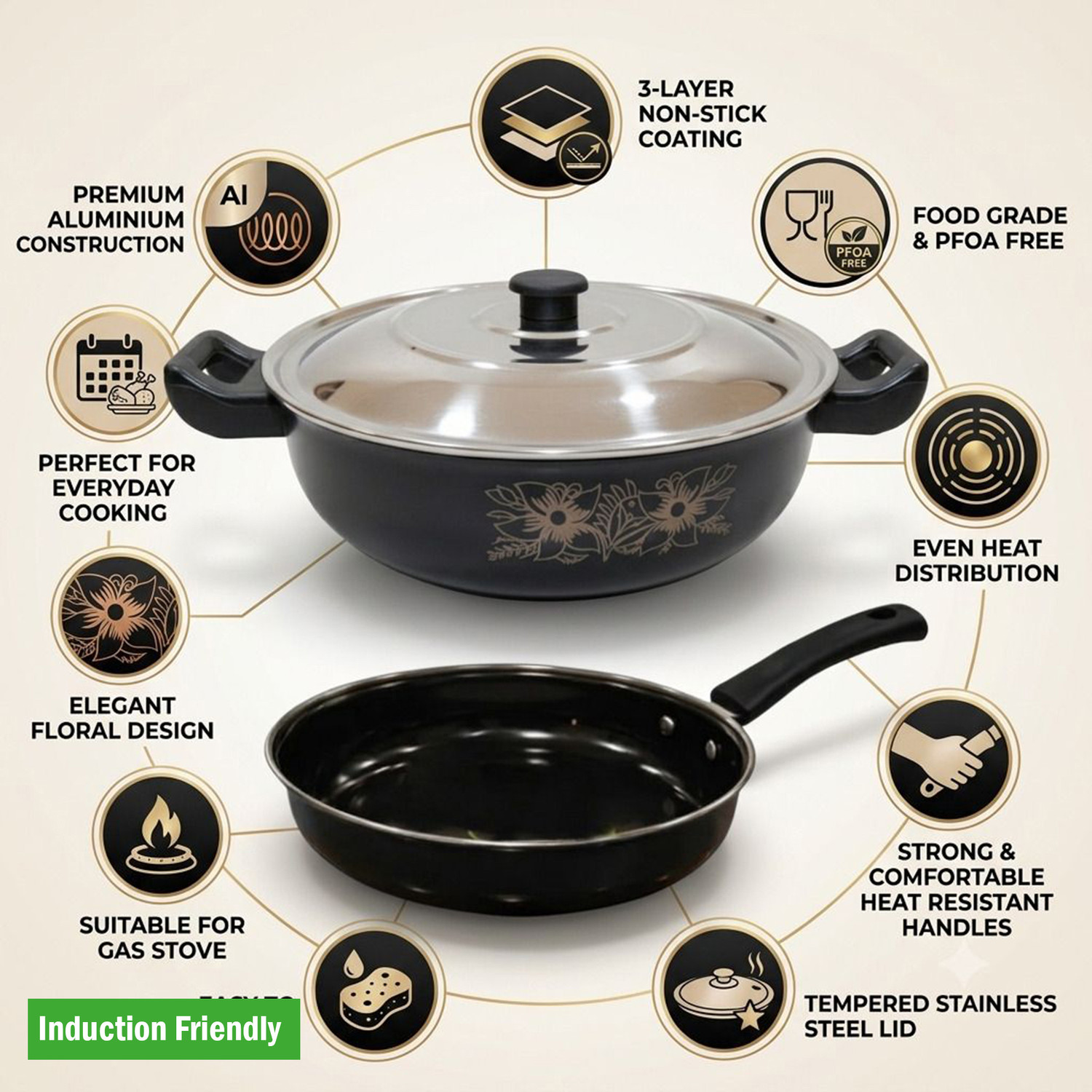 Image of jainpent Non-Stick Kadhai with Golden Floral Artwork Induction Bottom Non-Stick Coated Cookware Set (Cast Iron, 1 - Piece)