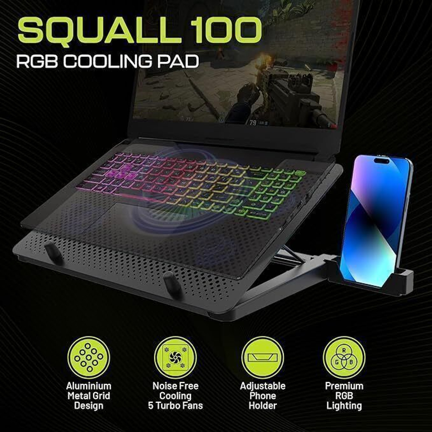 Image of Archer Tech Lab Squall 100 5 Fan Ergonomic Cooling Pad with Adjustable Height (Black)