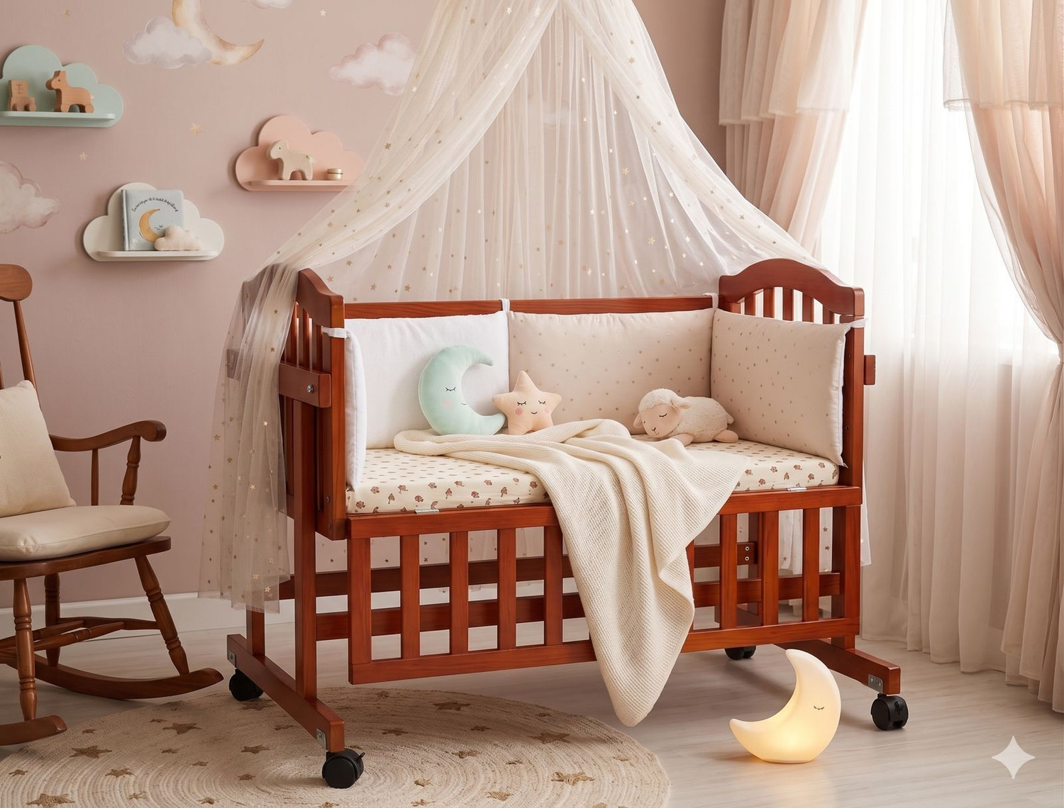 Image of Babanza Dream Time Wooden Cradle - Swing & Wheel Lock | Pine Wood | Scratch Resistant (Brown)