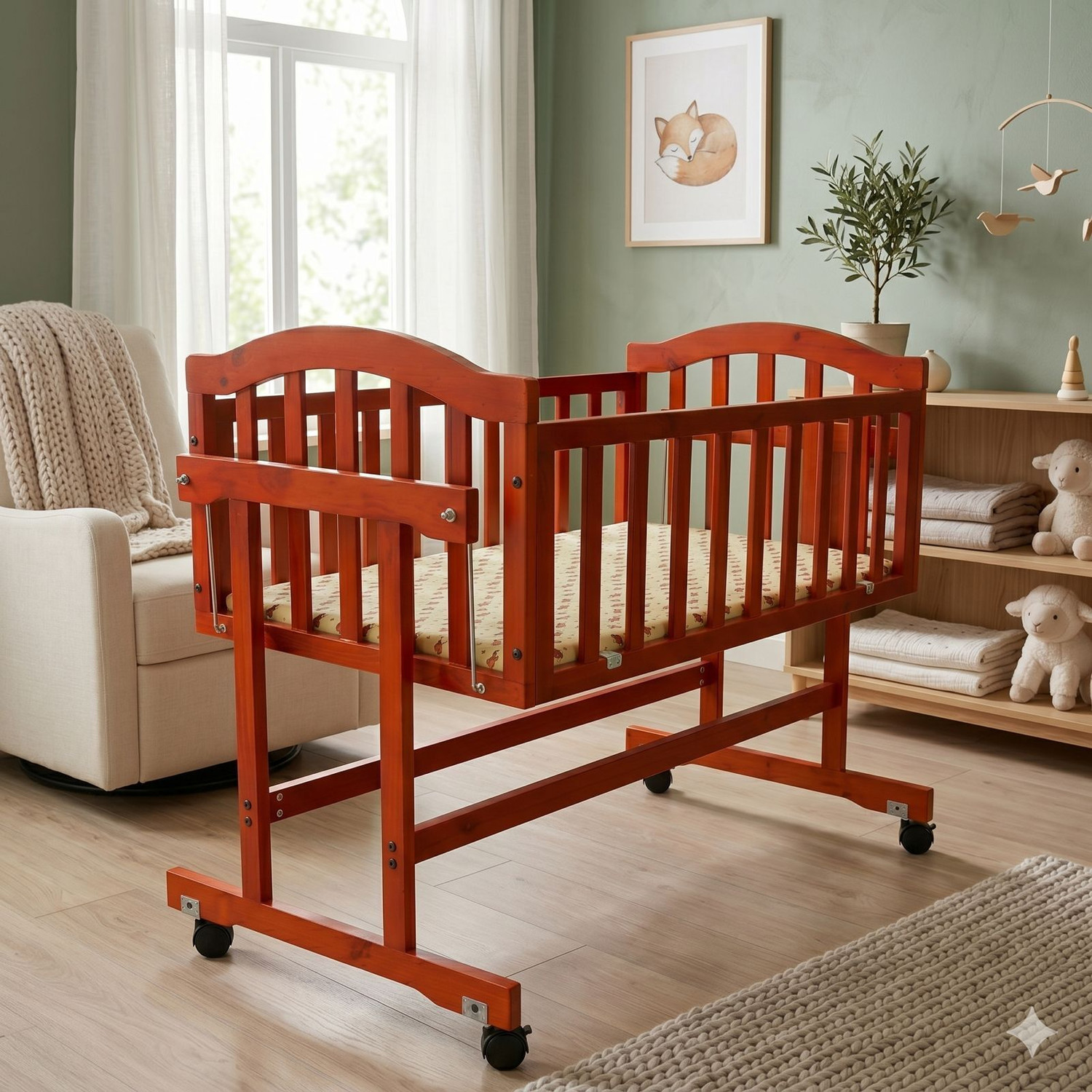 Image of Babanza Dream Time Wooden Cradle - Swing & Wheel Lock | Pine Wood | Scratch Resistant (Brown)