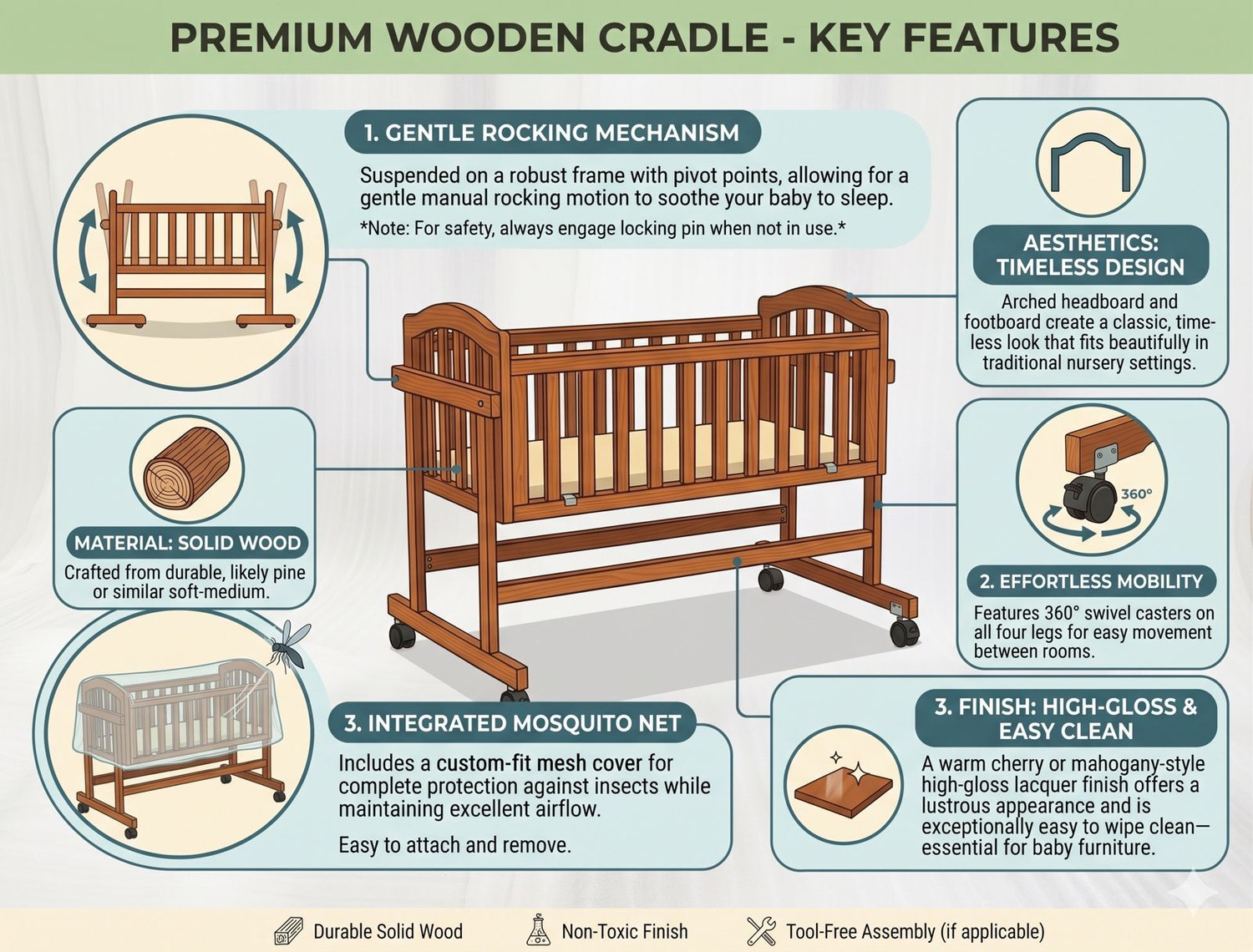 Image of Babanza Dream Time Wooden Cradle - Swing & Wheel Lock | Pine Wood | Scratch Resistant (Brown)
