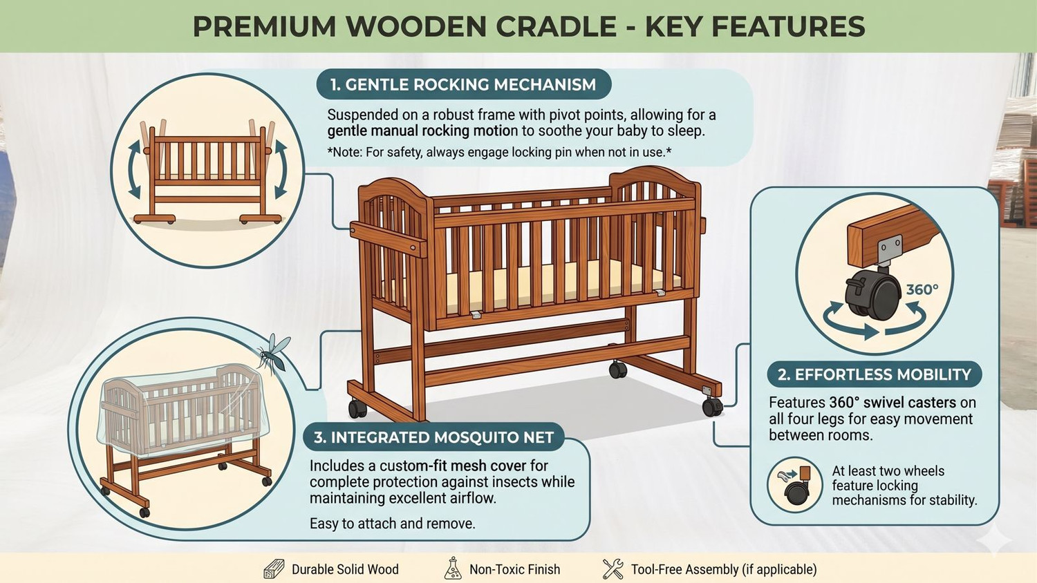 Image of Babanza Dream Time Wooden Cradle - Swing & Wheel Lock | Pine Wood | Scratch Resistant (Brown)