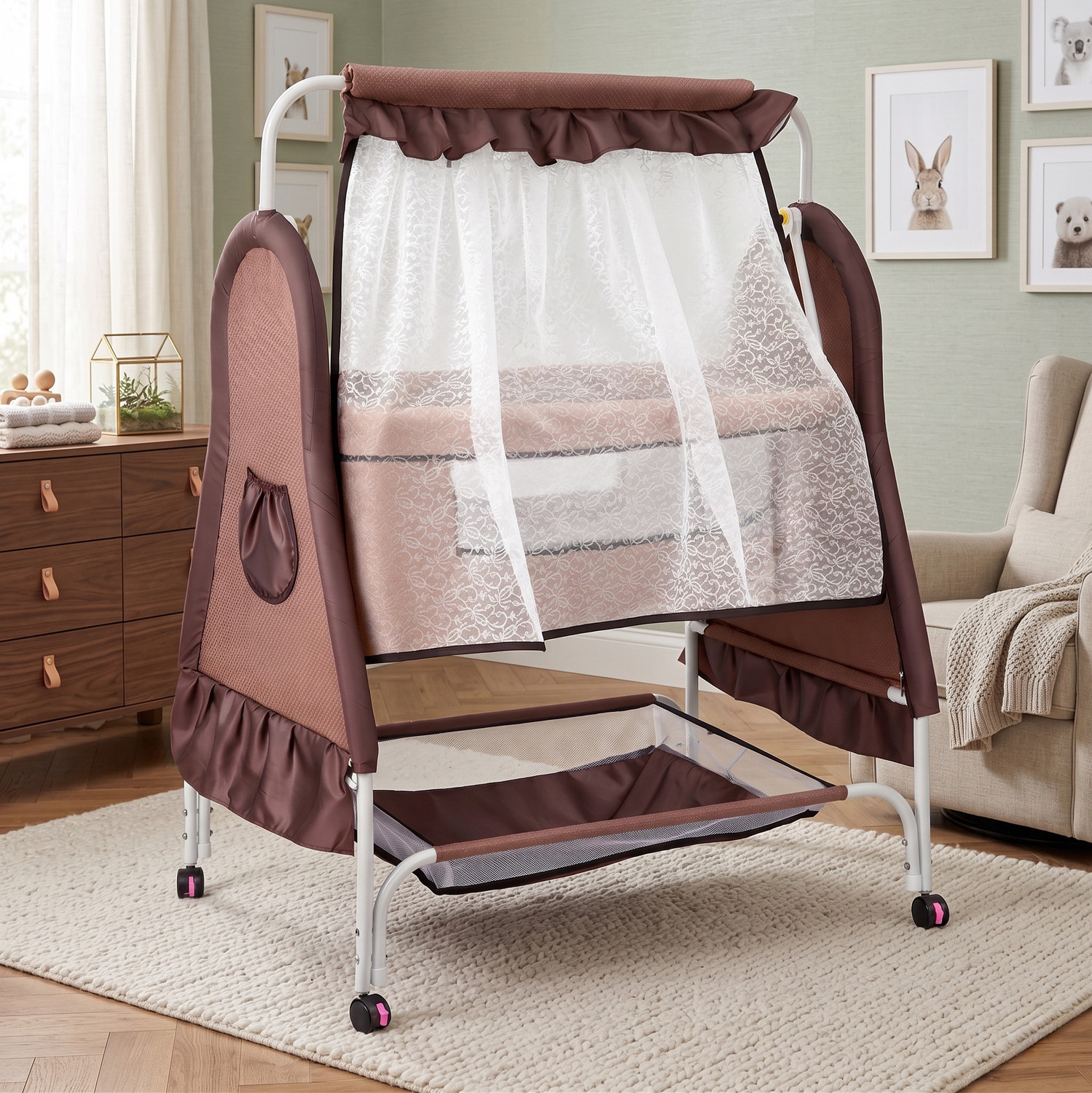 Image of Babanza Dream Time Wooden Cradle - Swing & Wheel Lock | Pine Wood | Scratch Resistant (Brown)