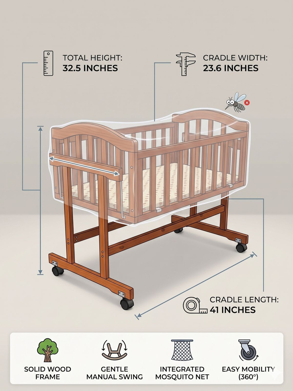 Image of Babanza Dream Time Wooden Cradle - Swing & Wheel Lock | Pine Wood | Scratch Resistant (Brown)