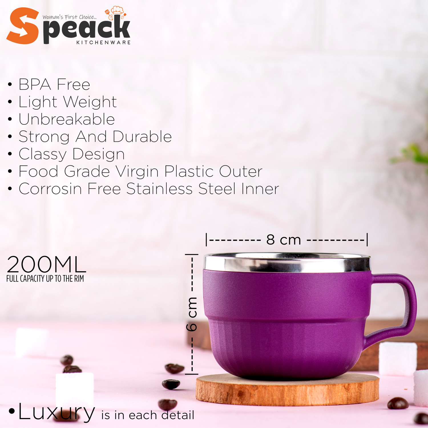 Image of SPEACK Pack of 6 Stainless Steel, Plastic Premium Quality Matt-Finished Double-Walled Tea, Coffee, (Purple, Cup Set)
