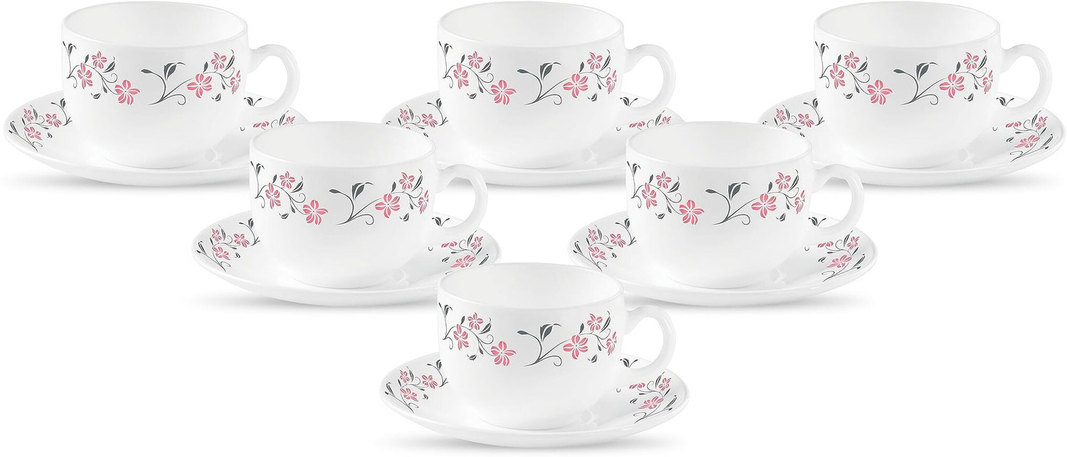 Image of TREO Pack of 12 Opalware Opalware Ophelia 13 Arashi Cup & Saucer Set , Set of 12 | White (White, Brown, Cup and Saucer Set)