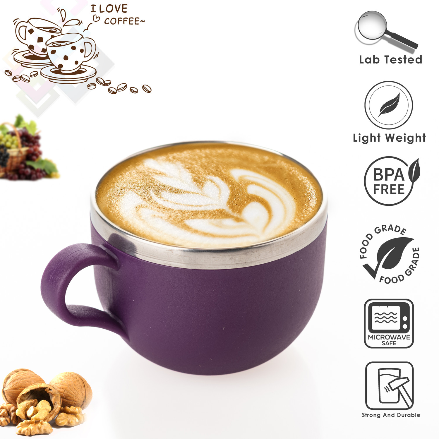 Image of SPEACK Pack of 12 Stainless Steel, Plastic Premium Quality Matt-Finished Double-Walled Tea, Coffee, (Purple, Cup Set)