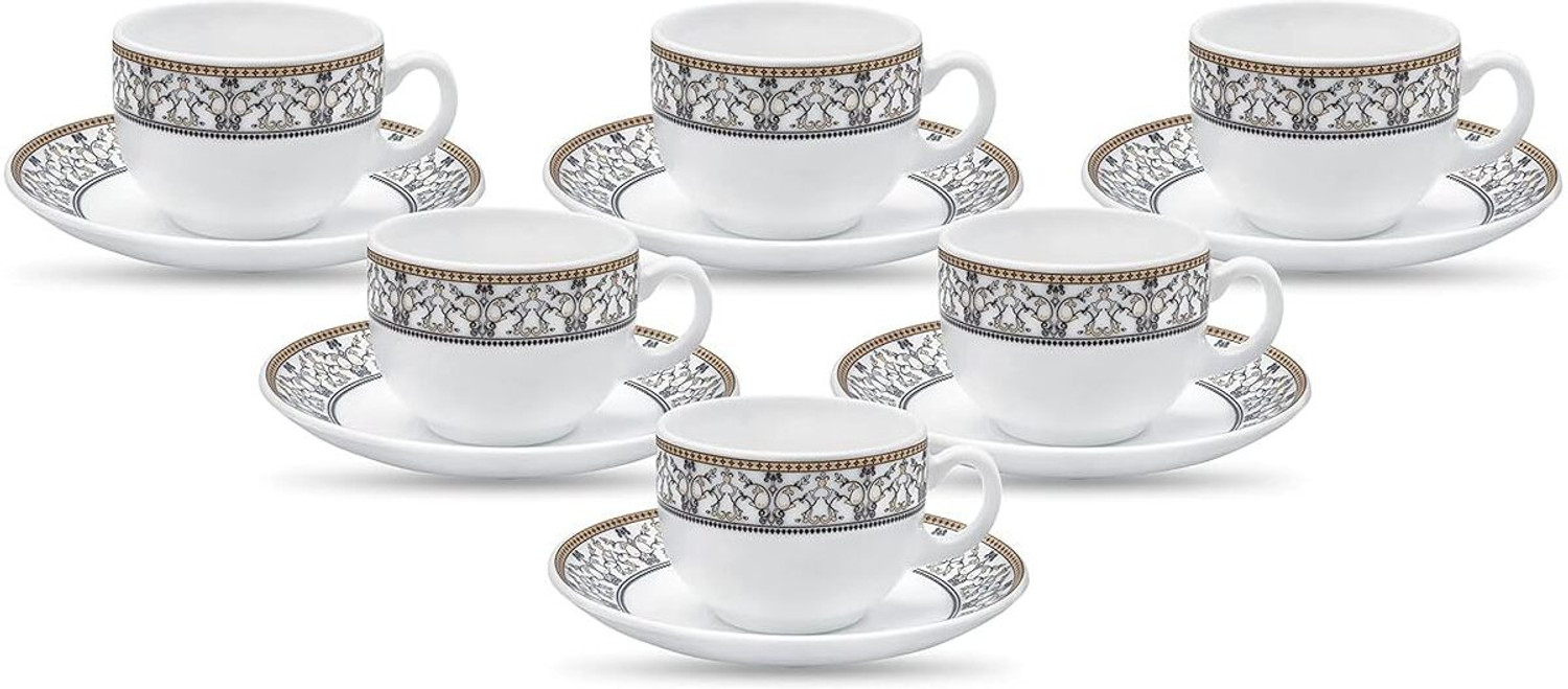 Image of TREO Pack of 12 Opalware Opalware Ophelia 13 Arashi Cup & Saucer Set , Set of 12 | White (White, Brown, Cup and Saucer Set)