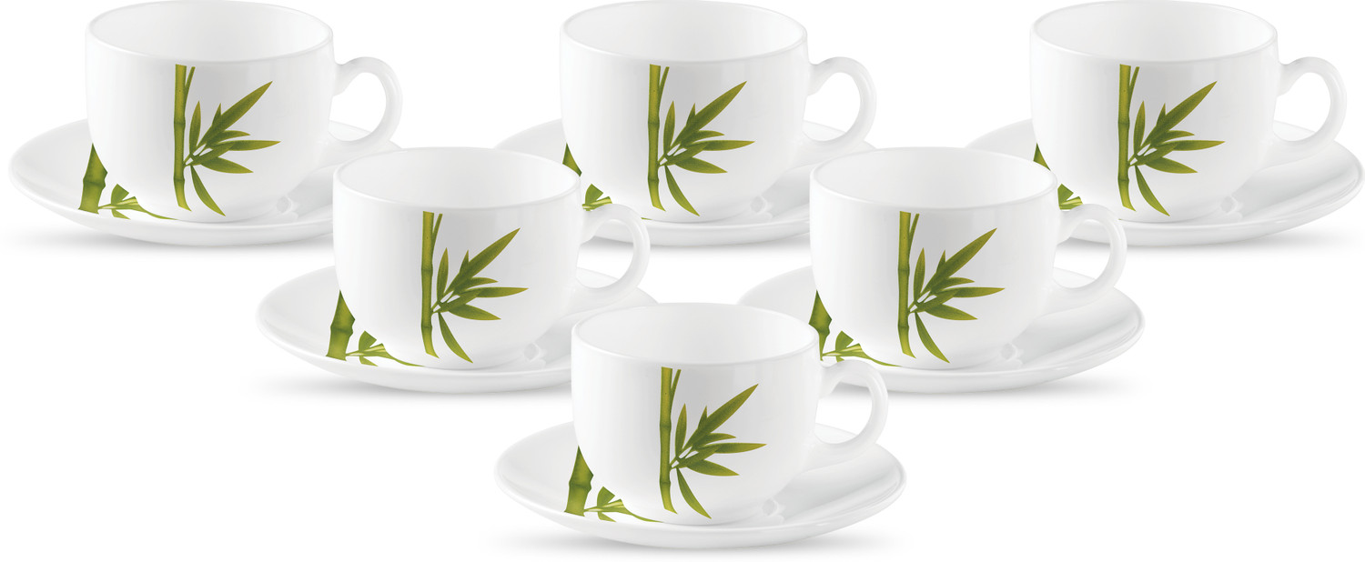 Image of TREO Pack of 12 Opalware Opalware Ophelia 13 Arashi Cup & Saucer Set , Set of 12 | White (White, Brown, Cup and Saucer Set)