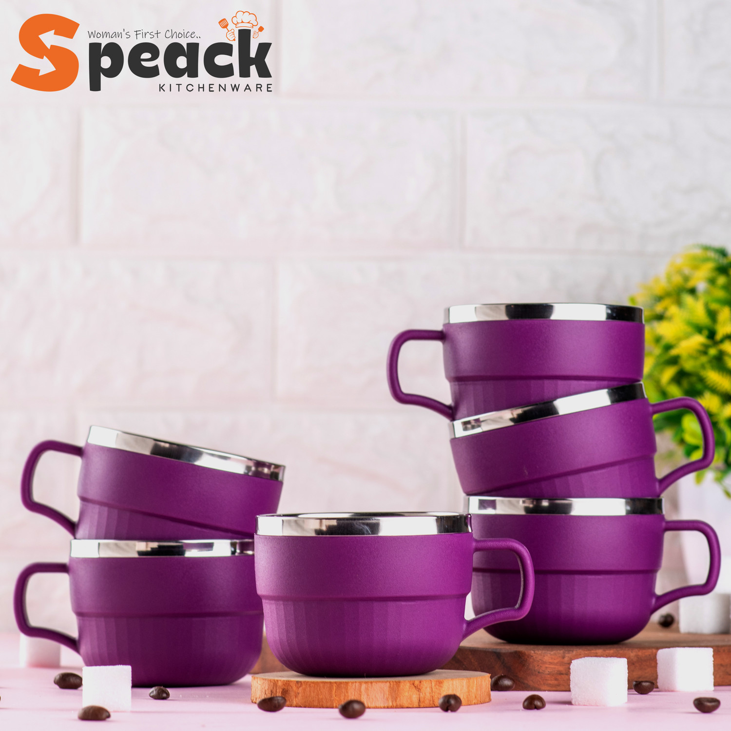 Image of SPEACK Pack of 6 Stainless Steel, Plastic Premium Quality Matt-Finished Double-Walled Tea, Coffee, (Purple, Cup Set)