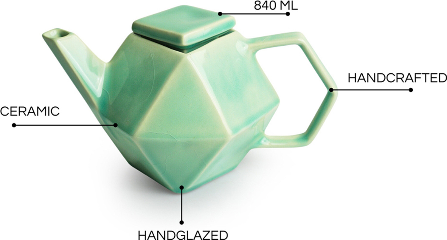 Image of ExclusiveLane Pack of 1 Ceramic 'Caribbean Green' Handcrafted Tea Cups & Kettle (Green, Cup Set)