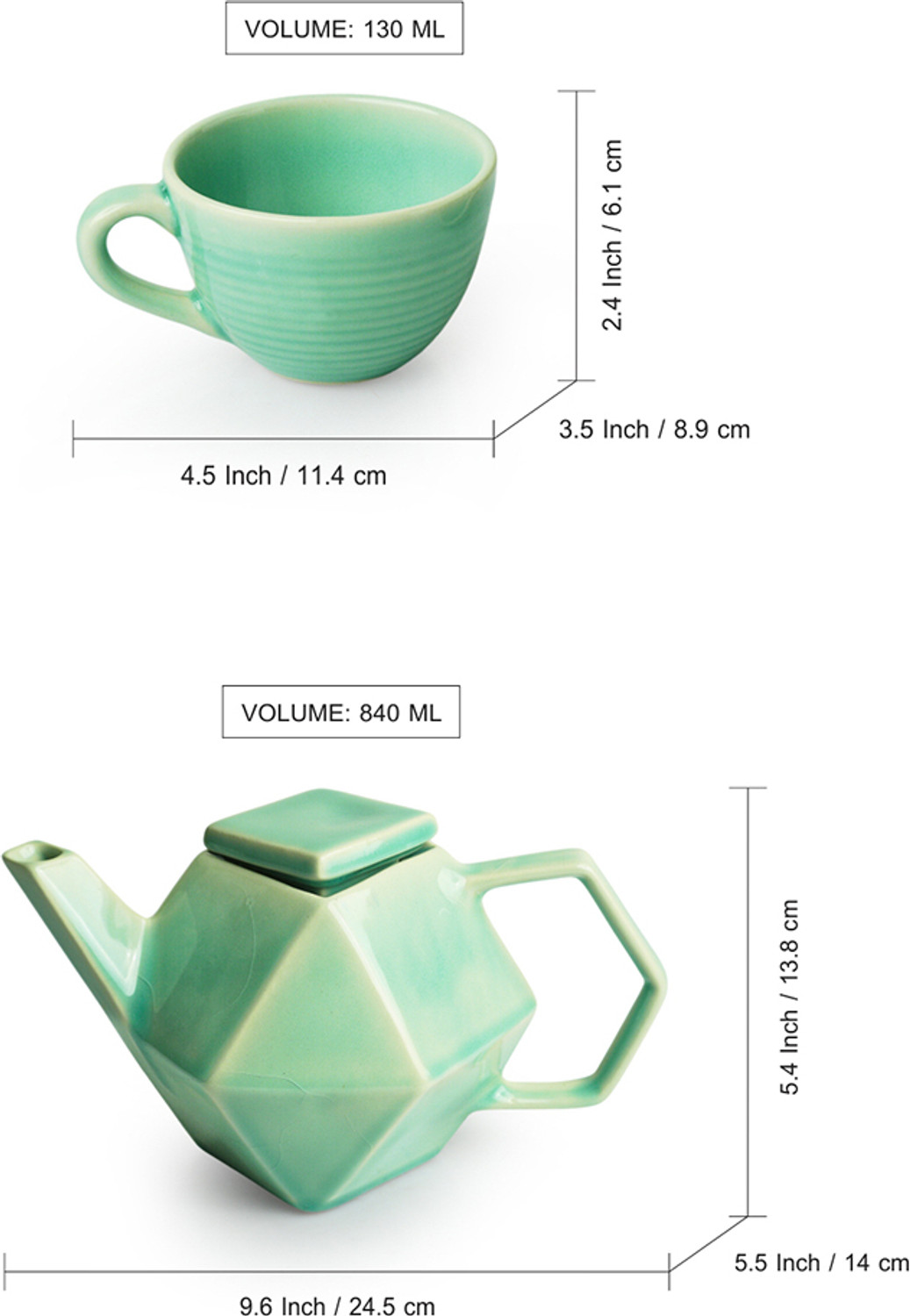 Image of ExclusiveLane Pack of 1 Ceramic 'Caribbean Green' Handcrafted Tea Cups & Kettle (Green, Cup Set)