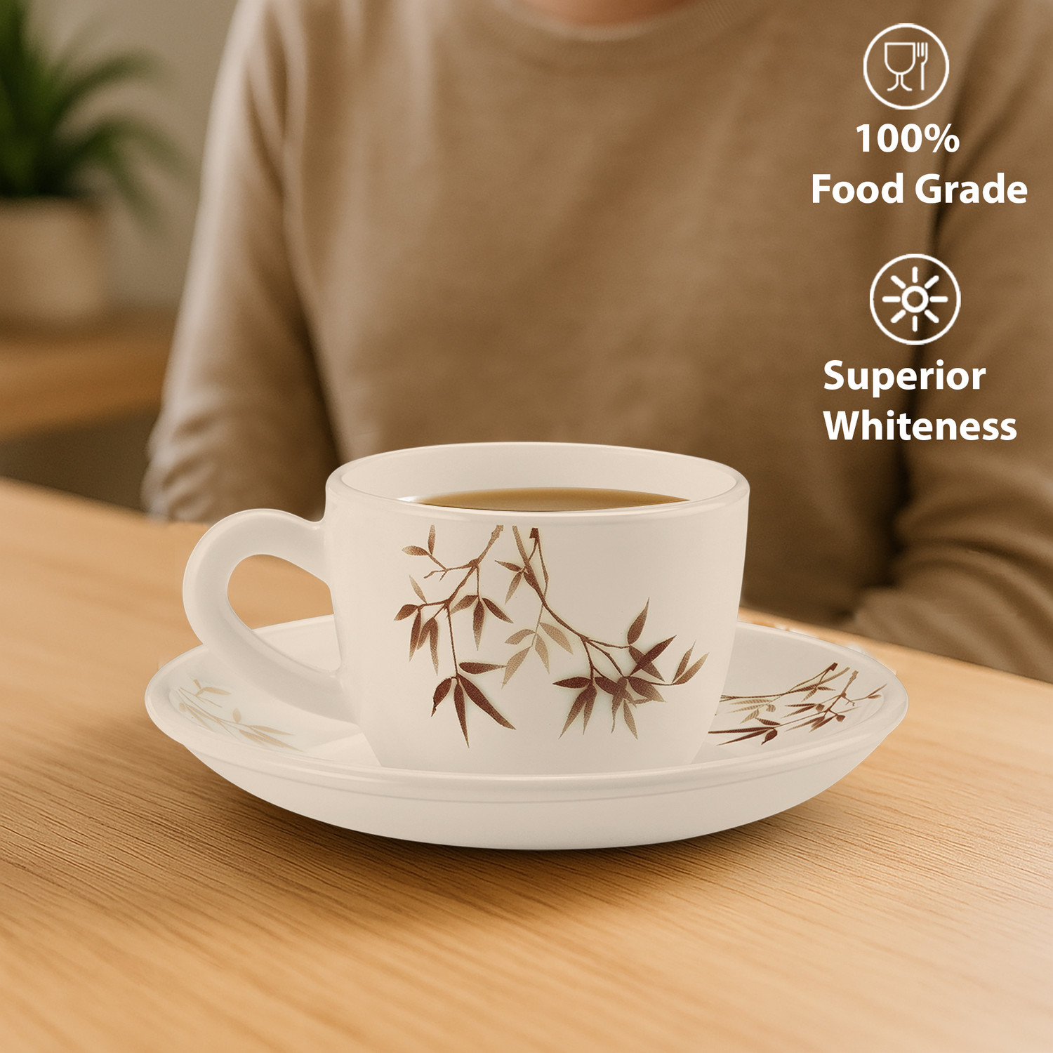 Image of TREO Pack of 12 Opalware Opalware Ophelia 13 Arashi Cup & Saucer Set , Set of 12 | White (White, Brown, Cup and Saucer Set)
