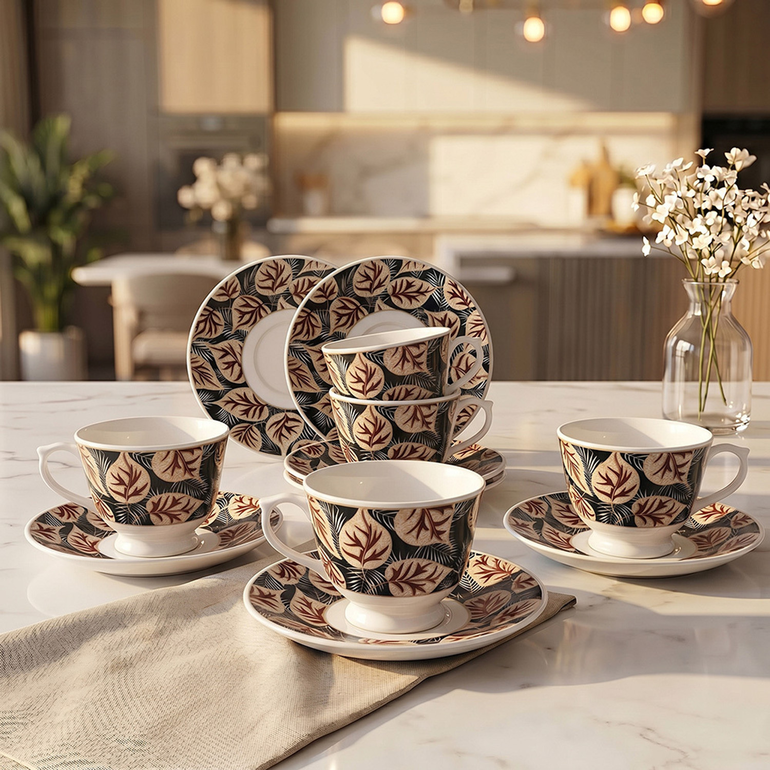 U.P.C. Bone China Tea Cup & Saucer Set of 6 180ml | Dark Botanical Leaf Print | (Black, Beige, Cup and Saucer) - Image 1