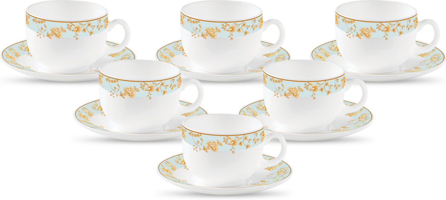 Image of TREO Pack of 12 Opalware Opalware Ophelia 13 Arashi Cup & Saucer Set , Set of 12 | White (White, Brown, Cup and Saucer Set)