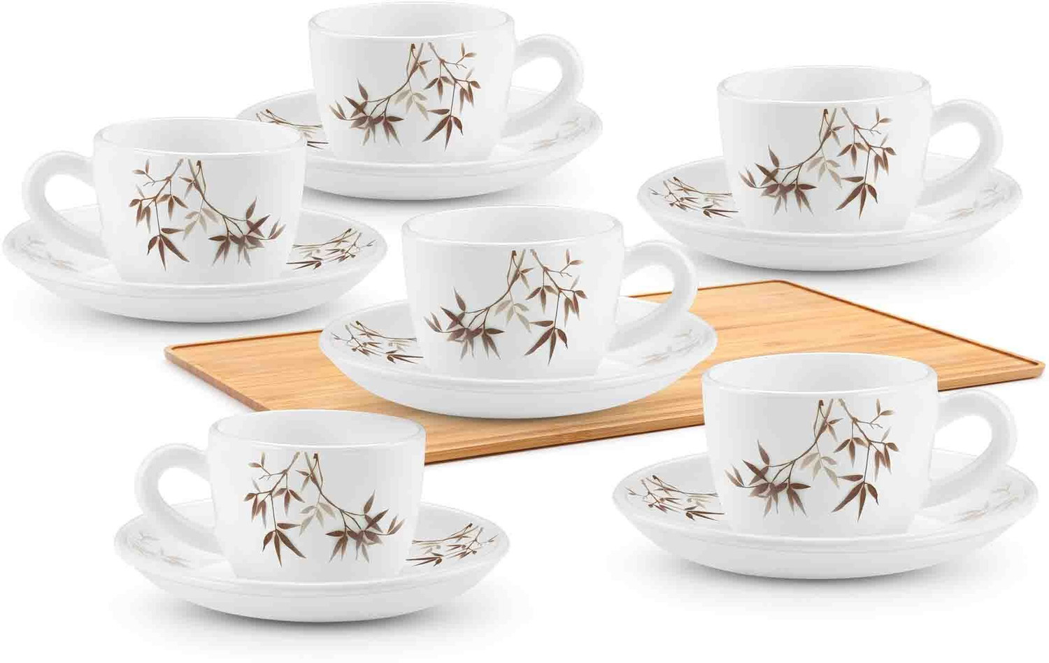 Image of TREO Pack of 12 Opalware Opalware Ophelia 13 Arashi Cup & Saucer Set , Set of 12 | White (White, Brown, Cup and Saucer Set)