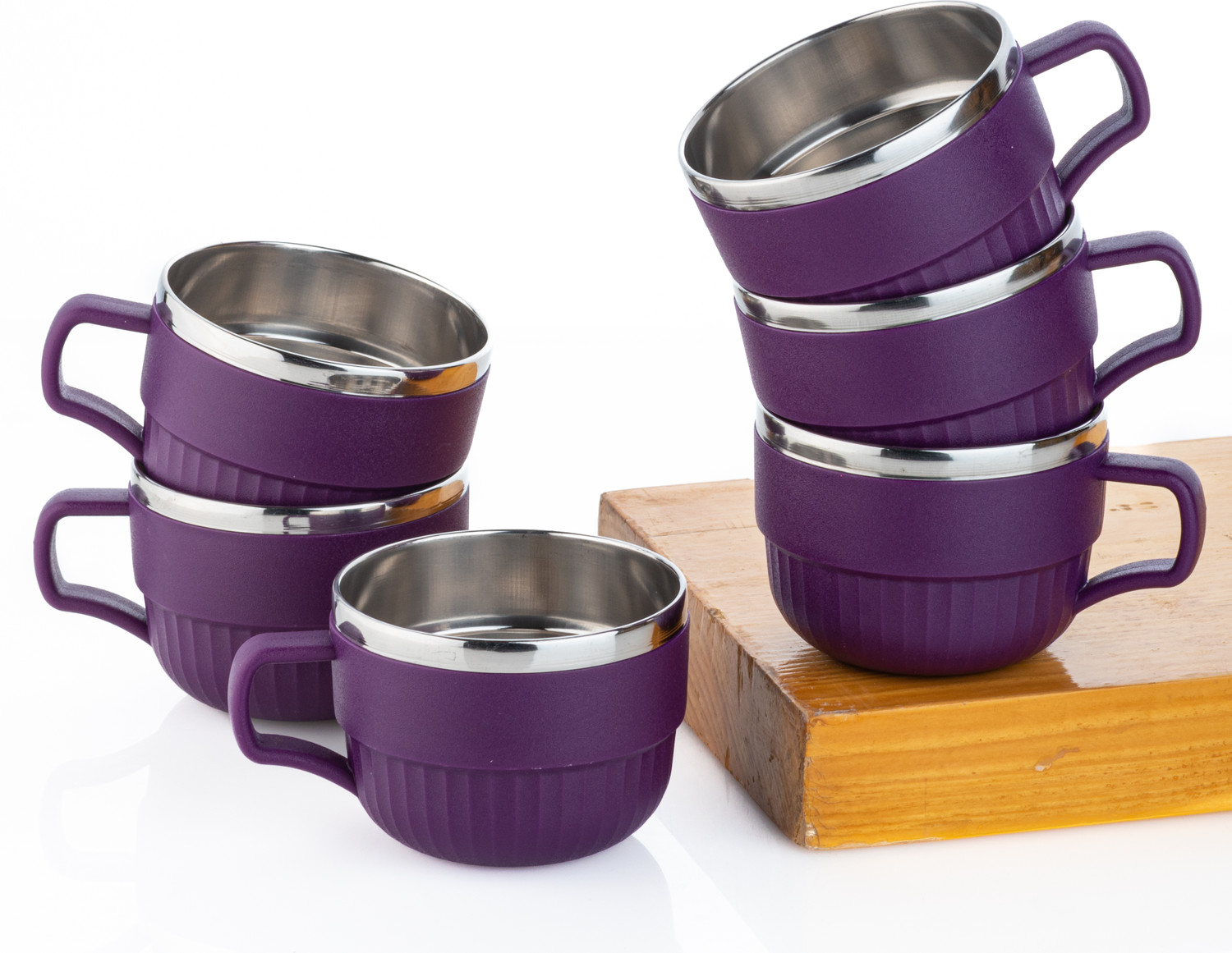 Image of SPEACK Pack of 6 Stainless Steel, Plastic Premium Quality Matt-Finished Double-Walled Tea, Coffee, (Purple, Cup Set)