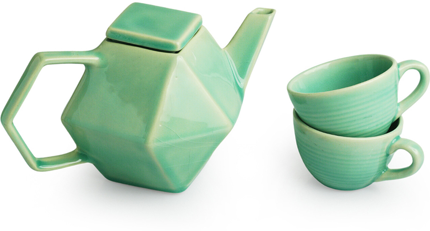 Image of ExclusiveLane Pack of 1 Ceramic 'Caribbean Green' Handcrafted Tea Cups & Kettle (Green, Cup Set)