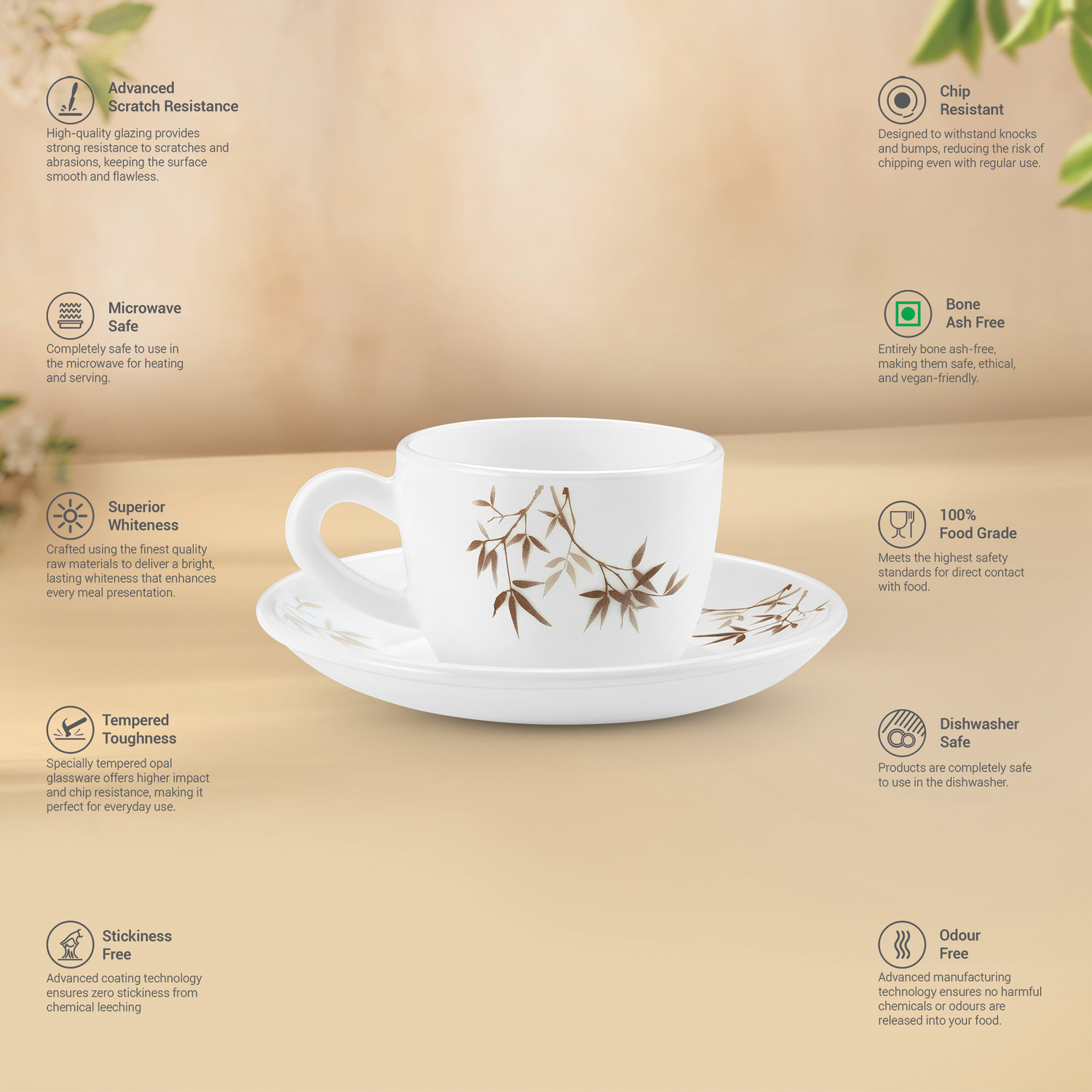 Image of TREO Pack of 12 Opalware Opalware Ophelia 13 Arashi Cup & Saucer Set , Set of 12 | White (White, Brown, Cup and Saucer Set)