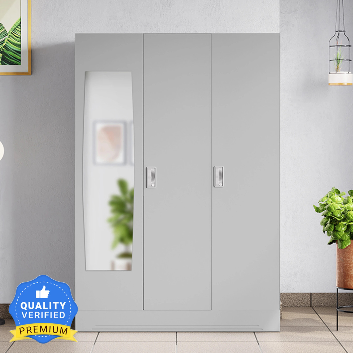 Image of Interio by Godrej Slimline 3 Door Alpine White with Locker and Leaf Design Mirror Metal Almirah (Finish Color - Portabella Matte, Knock Down)