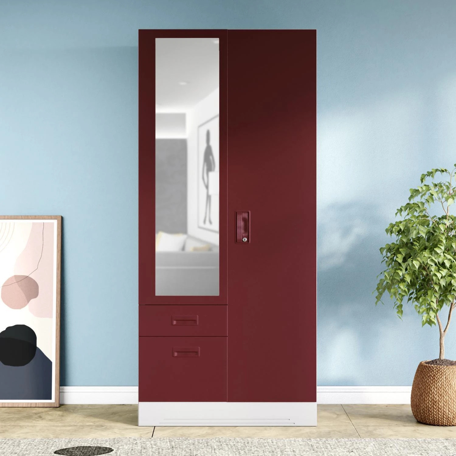 Image of Interio by Godrej Slimline 3 Door Alpine White with Locker and Leaf Design Mirror Metal Almirah (Finish Color - Portabella Matte, Knock Down)