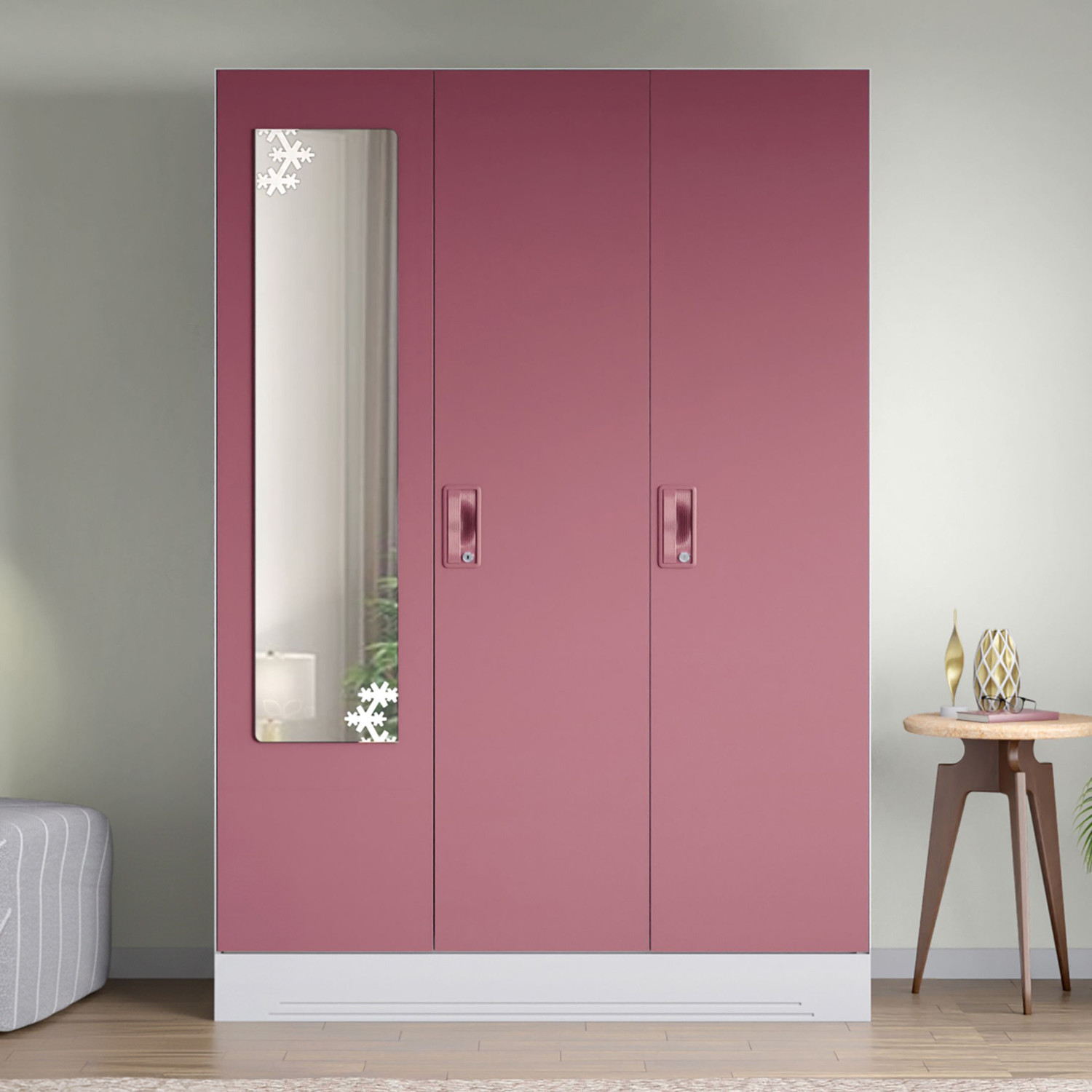 Image of Interio by Godrej Slimline 3 Door Alpine White with Locker and Leaf Design Mirror Metal Almirah (Finish Color - Portabella Matte, Knock Down)